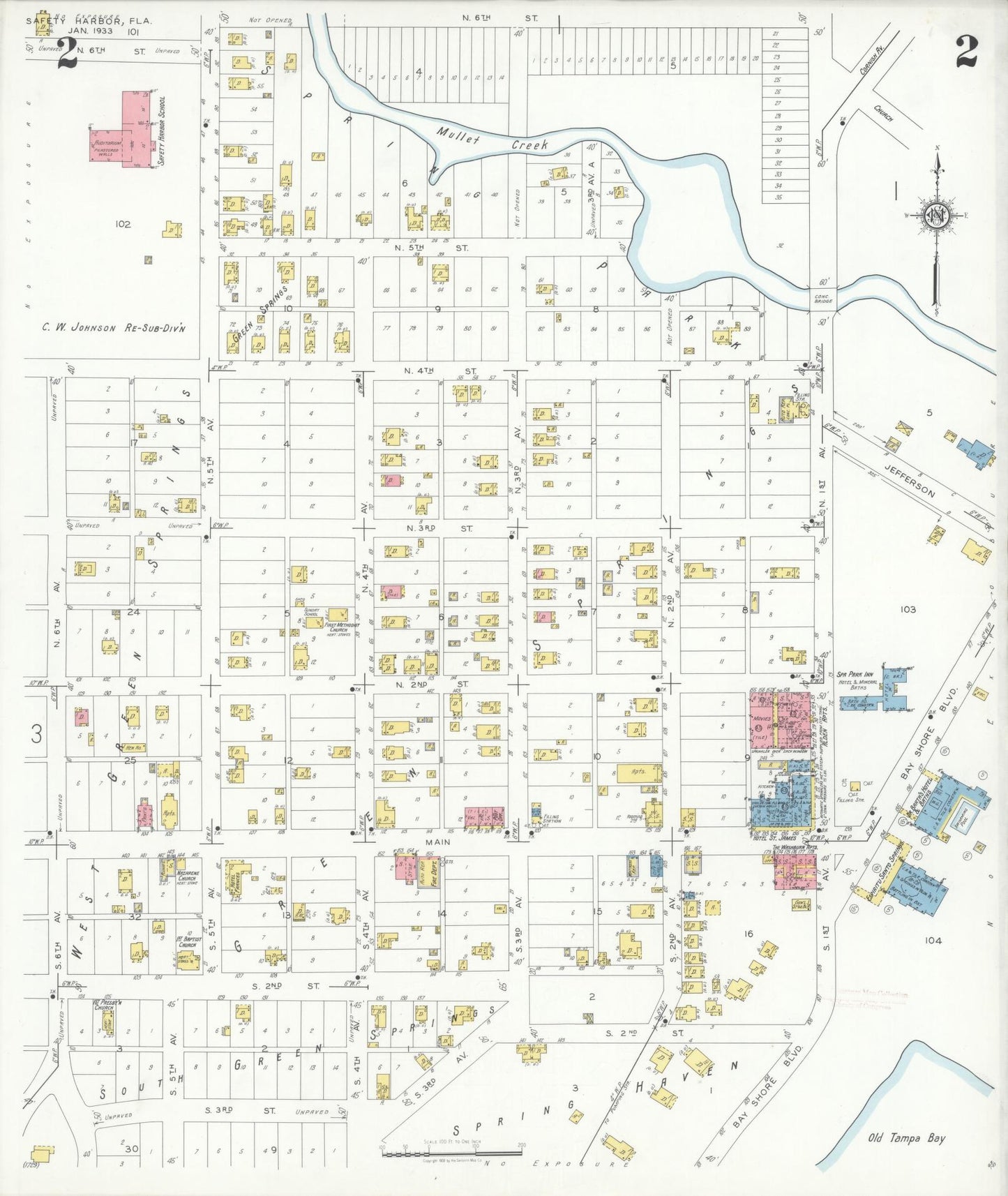 Sanborn Fire Insurance Map from Safety Harbor, Pinellas County, Florida (1933), Sheet #0002 - Historic Sanborn Fire Insurance Map Print, vintage old map wall art, antique decor, genealogy gift, Florida Florida map