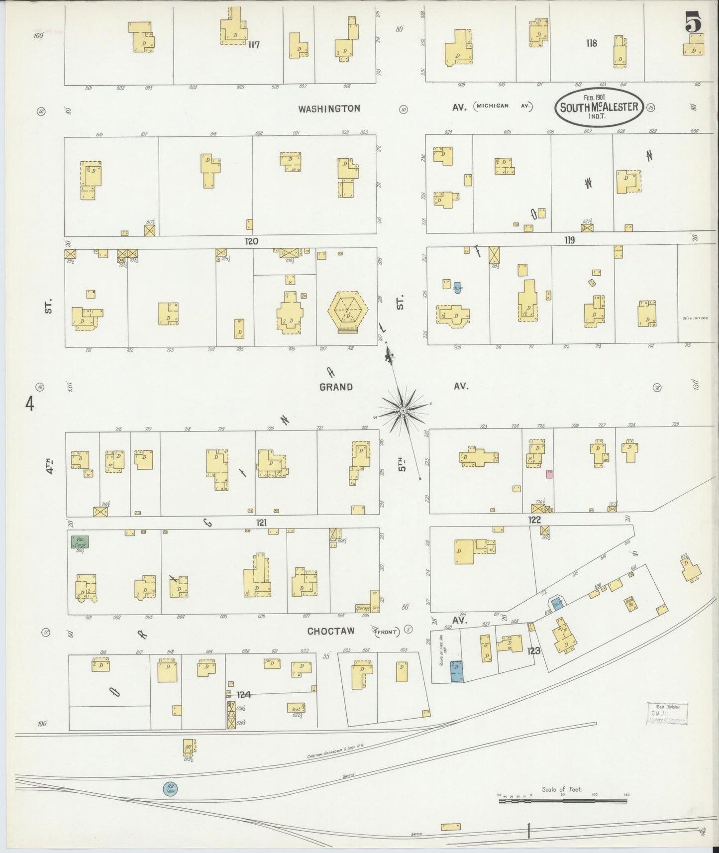 Sanborn Fire Insurance Map from South McAlester, Pittsburg County, Oklahoma (1901), Sheet #0005 - Historic Sanborn Fire Insurance Map Print, vintage old map wall art, antique decor, genealogy gift, Oklahoma Oklahoma map