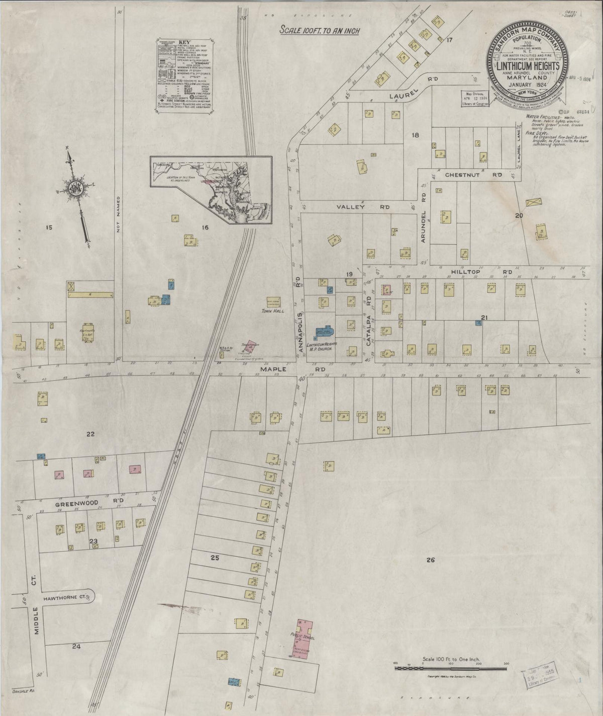 Sanborn Fire Insurance Map from Linthicum Heights, Anne Arundel County, Maryland (1924), Sheet #0001 - Historic Sanborn Fire Insurance Map Print, vintage old map wall art, antique decor, genealogy gift, Maryland Maryland map