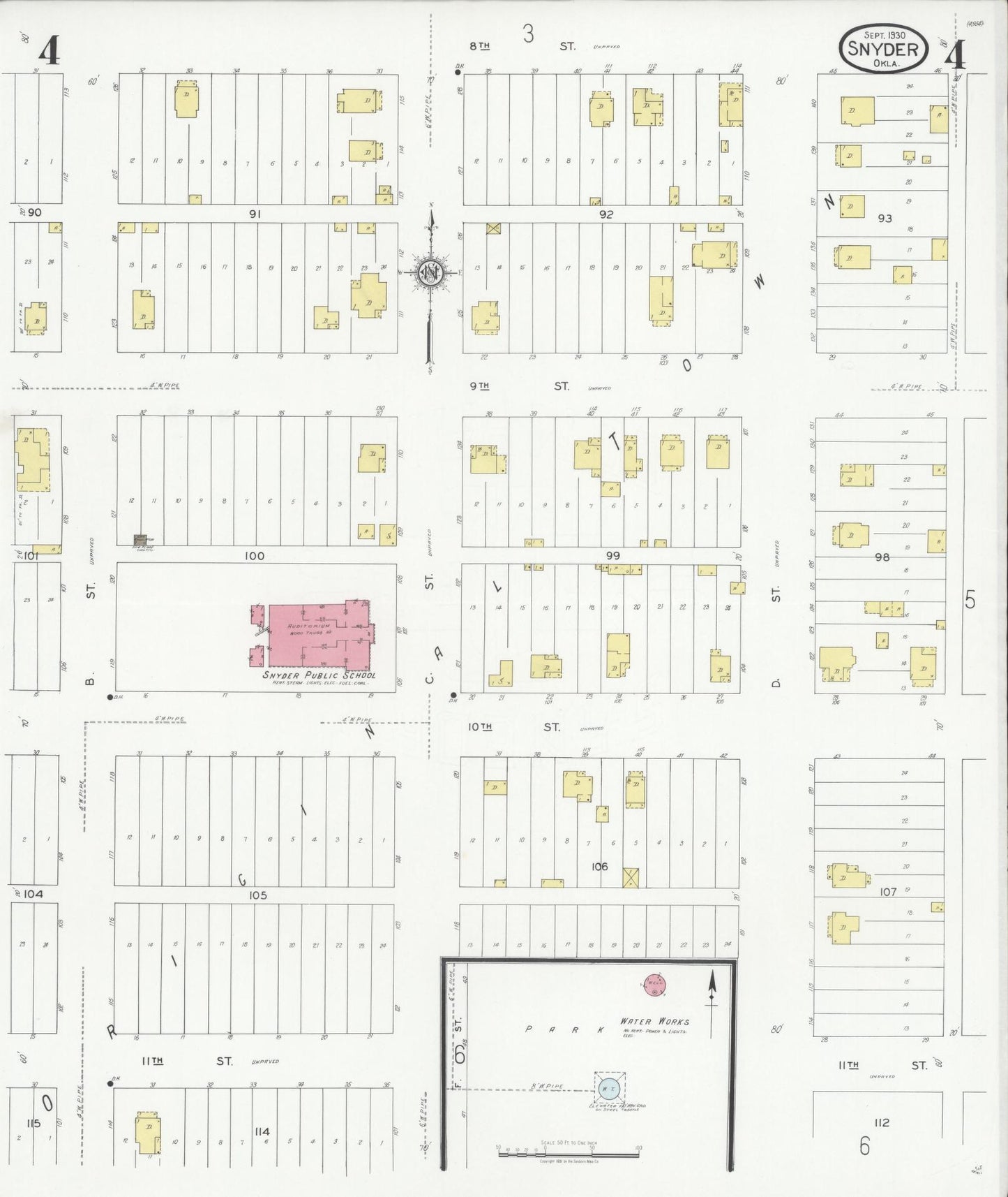 Sanborn Fire Insurance Map from Snyder, Kiowa County, Oklahoma (1930), Sheet #0004 - Historic Sanborn Fire Insurance Map Print, vintage old map wall art, antique decor, genealogy gift, Oklahoma Oklahoma map