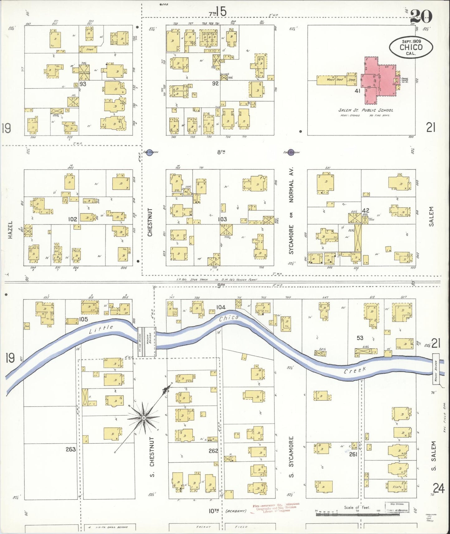 Sanborn Fire Insurance Map from Chico, Butte County, California (1909), Sheet #0020 - Historic Sanborn Fire Insurance Map Print, vintage old map wall art, antique decor, genealogy gift, California California map