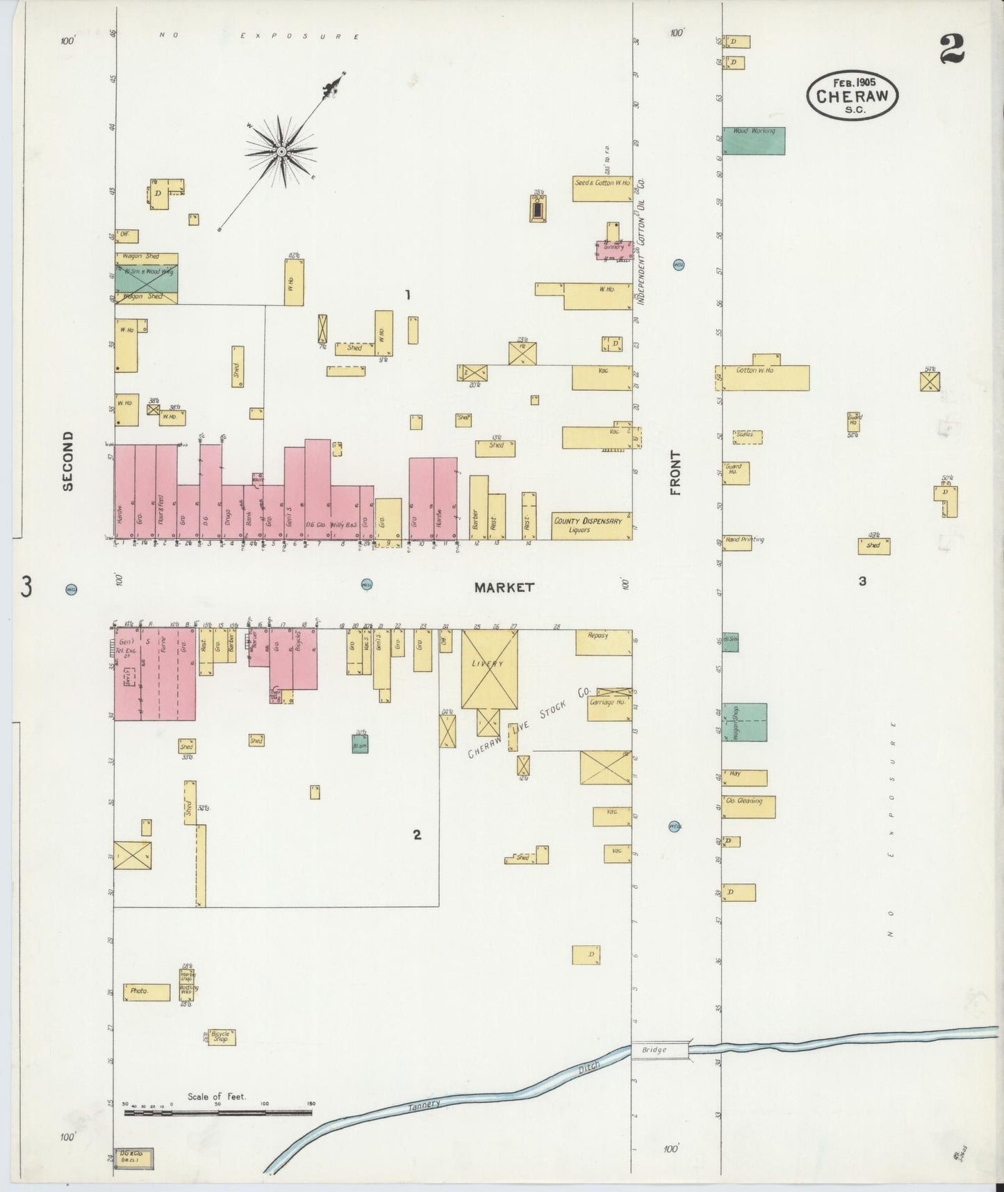 Sanborn Fire Insurance Map from Cheraw, Chesterfield County, South Carolina (1905), Sheet #0002 - Historic Sanborn Fire Insurance Map Print, vintage old map wall art, antique decor, genealogy gift, South Carolina South Carolina map