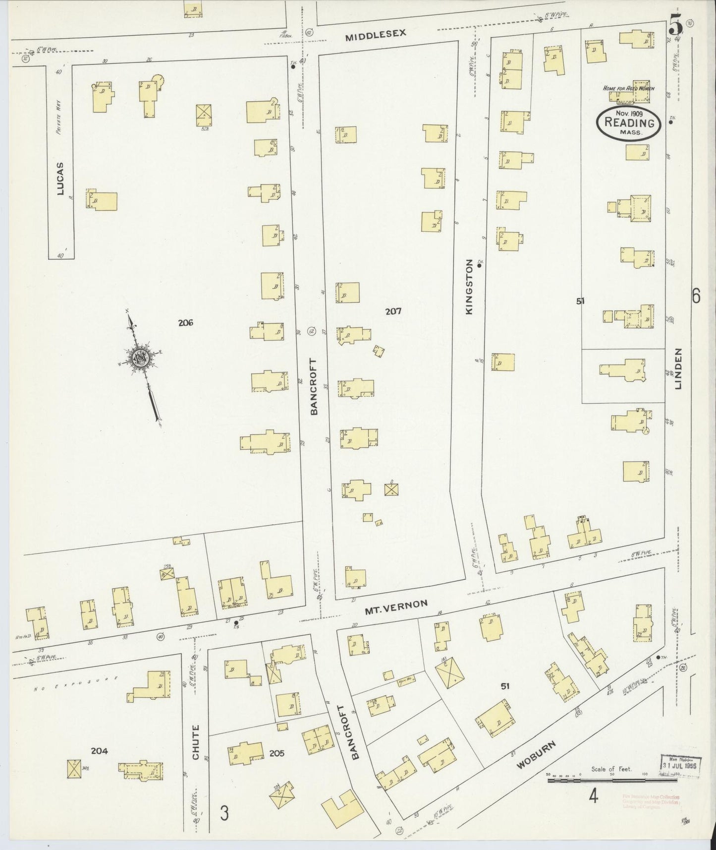 Sanborn Fire Insurance Map from Reading, Middlesex County, Massachusetts (1909), Sheet #0005 - Historic Sanborn Fire Insurance Map Print, vintage old map wall art, antique decor, genealogy gift, Massachusetts Massachusetts map