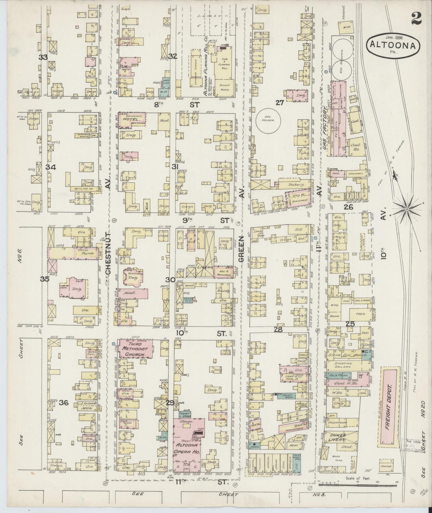 Sanborn Fire Insurance Map from Altoona, Blair County, Pennsylvania (1888), Sheet #0002 - Historic Sanborn Fire Insurance Map Print, vintage old map wall art, antique decor, genealogy gift, Pennsylvania Pennsylvania map