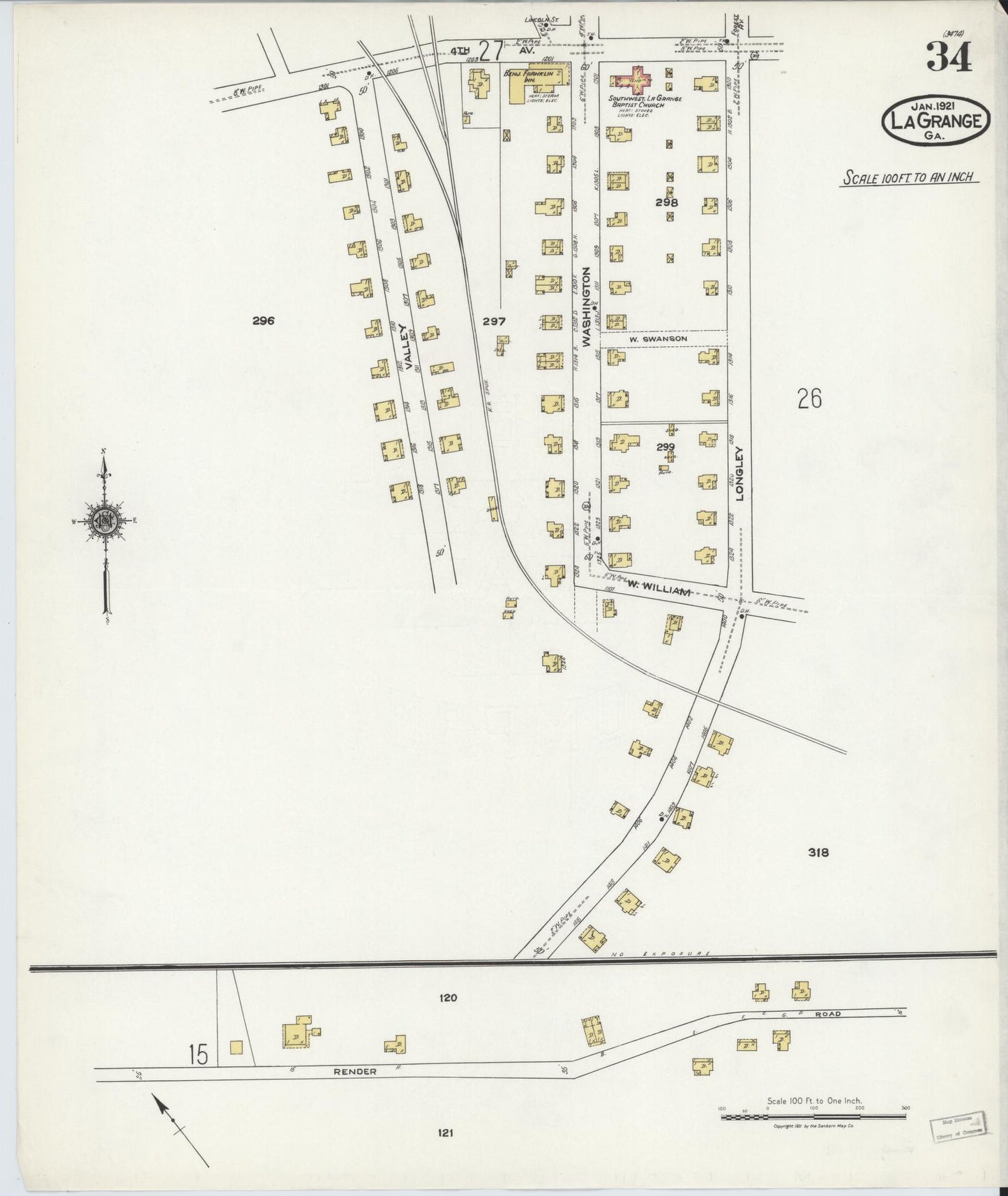 Sanborn Fire Insurance Map from La Grange, Troup County, Georgia (1921), Sheet #0034 - Historic Sanborn Fire Insurance Map Print, vintage old map wall art, antique decor, genealogy gift, Georgia Georgia map