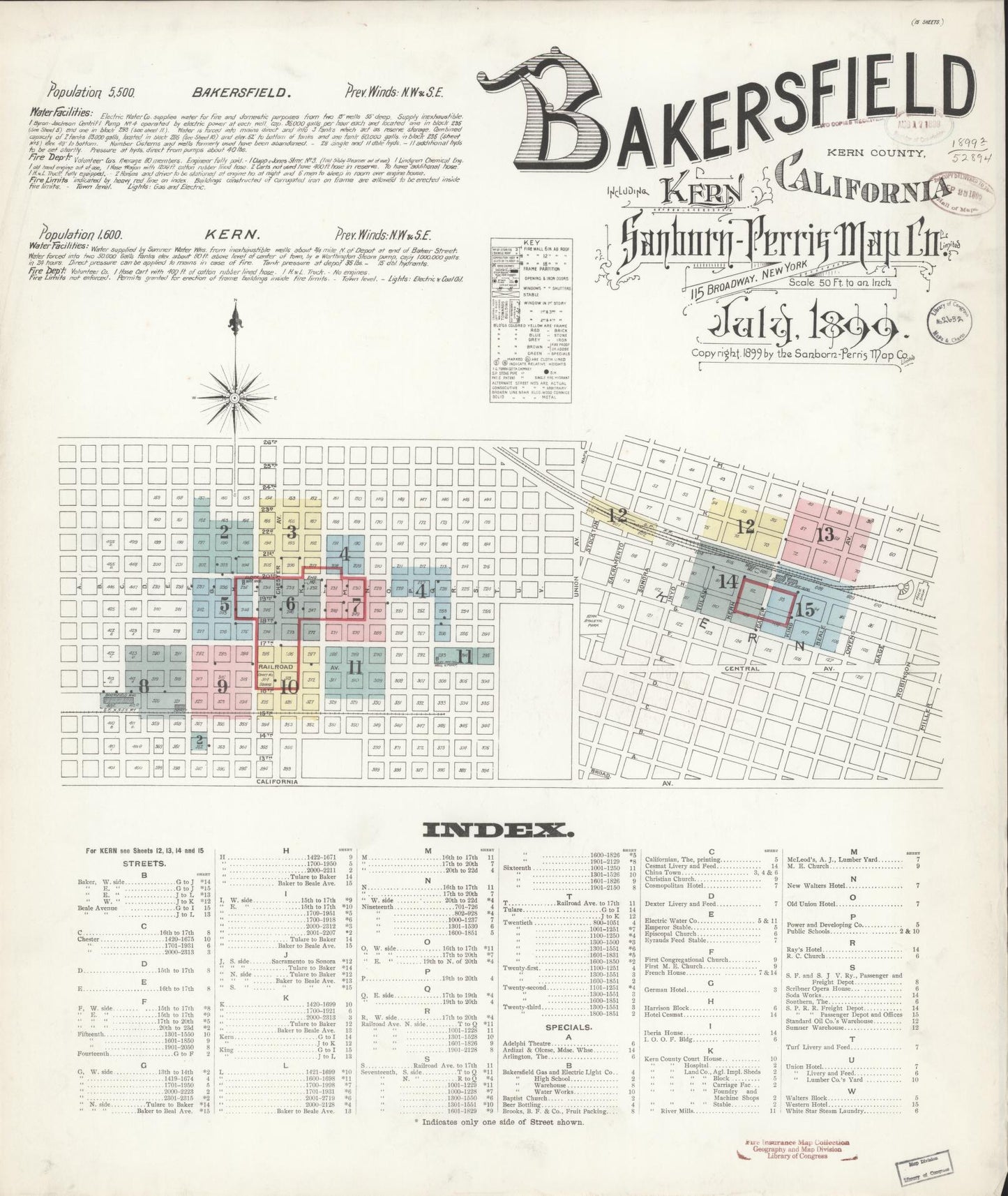 Sanborn Fire Insurance Map from Bakersfield, Kern County, California (1899), Sheet #0001 - Historic Sanborn Fire Insurance Map Print, vintage old map wall art, antique decor, genealogy gift, California California map