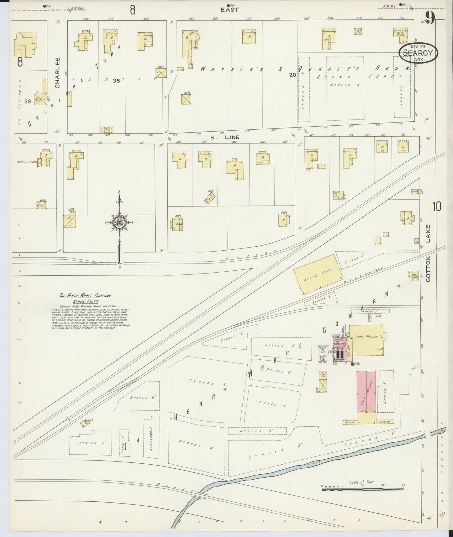 Sanborn Fire Insurance Map from Searcy, White County, Arkansas (1913), Sheet #0009 - Historic Sanborn Fire Insurance Map Print, vintage old map wall art, antique decor, genealogy gift, Arkansas Arkansas map