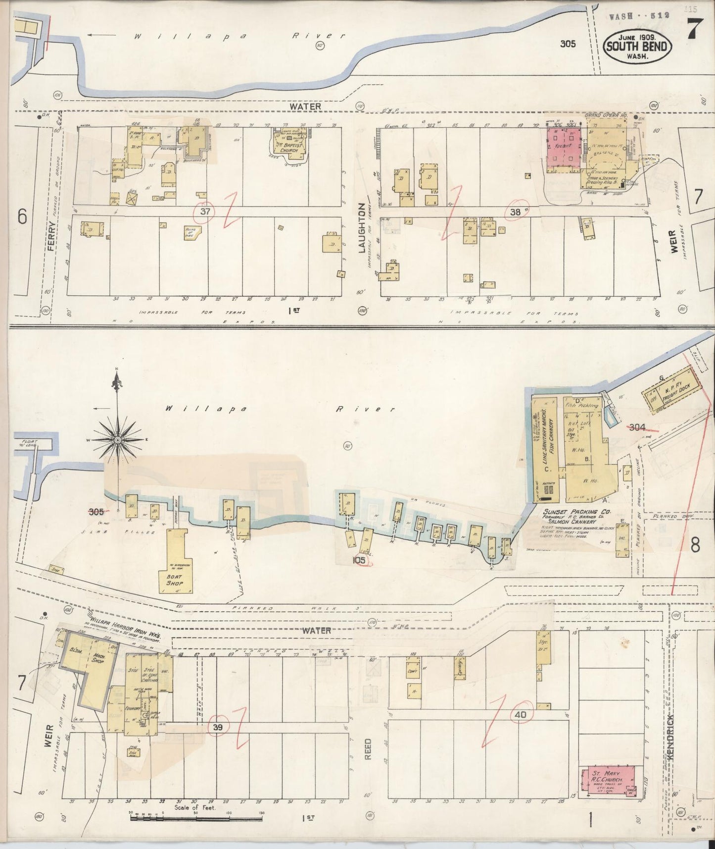Sanborn Fire Insurance Map from South Bend, Pacific County, Washington (1929), Sheet #0009 - Historic Sanborn Fire Insurance Map Print, vintage old map wall art, antique decor, genealogy gift, Washington Washington map