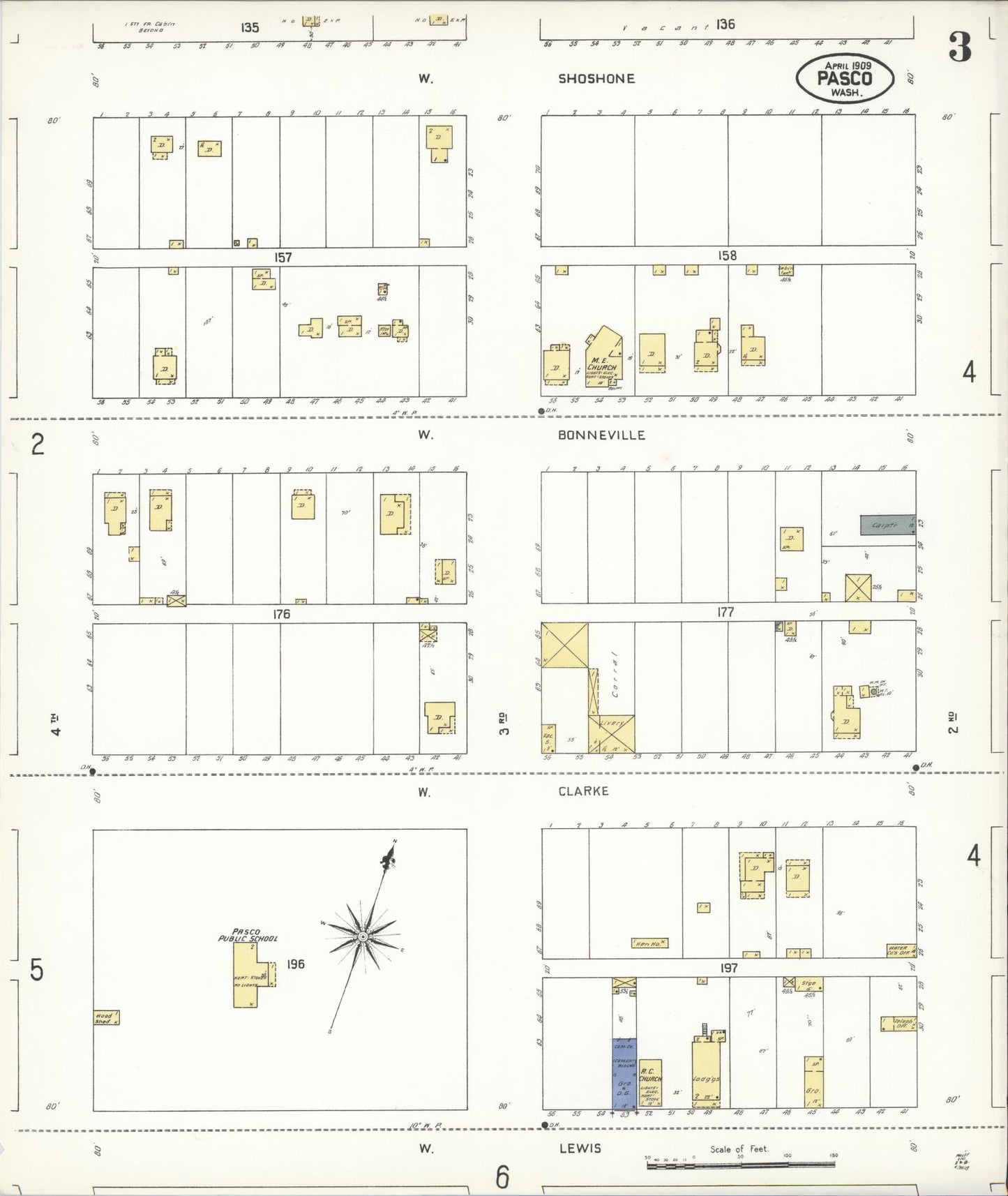 Sanborn Fire Insurance Map from Pasco, Franklin County, Washington (1909), Sheet #0003 - Historic Sanborn Fire Insurance Map Print, vintage old map wall art, antique decor, genealogy gift, Washington Washington map