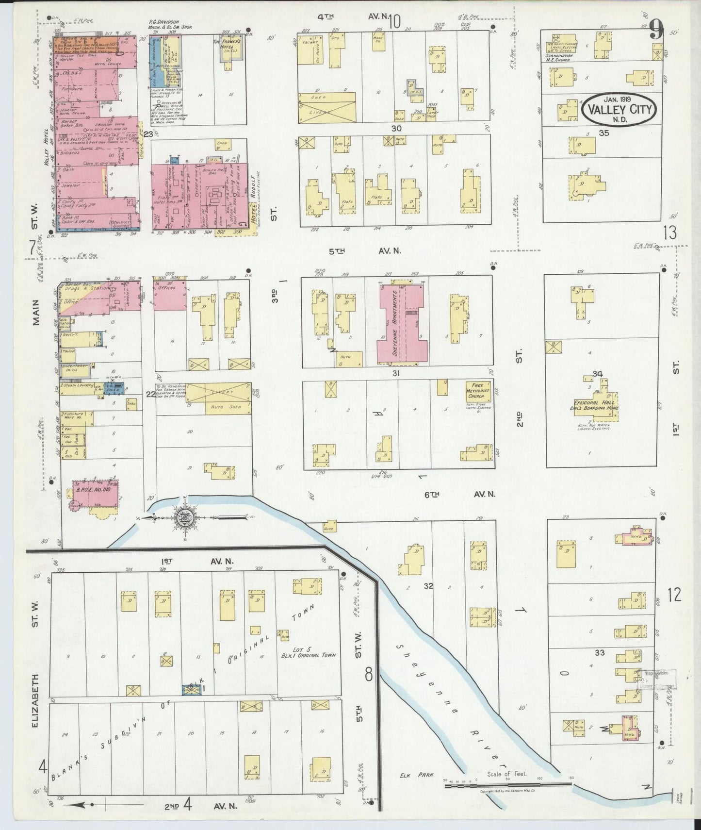 Sanborn Fire Insurance Map from Valley City, Barnes County, North Dakota (1919), Sheet #0009 - Historic Sanborn Fire Insurance Map Print, vintage old map wall art, antique decor, genealogy gift, North Dakota North Dakota map