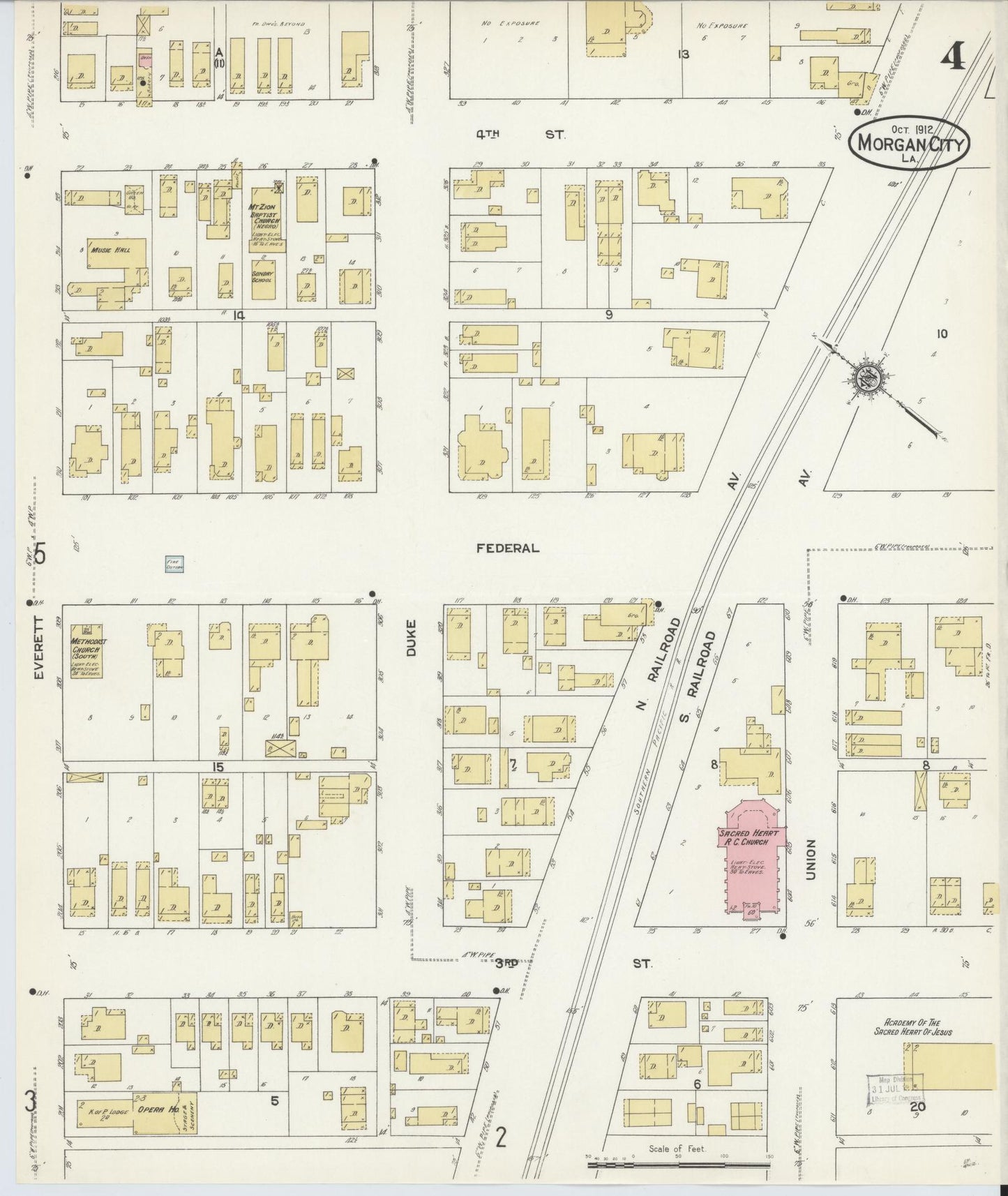 Sanborn Fire Insurance Map from Morgan City, Saint Mary Parish, Louisiana (1912), Sheet #0004 - Historic Sanborn Fire Insurance Map Print, vintage old map wall art, antique decor, genealogy gift, Louisiana Louisiana map