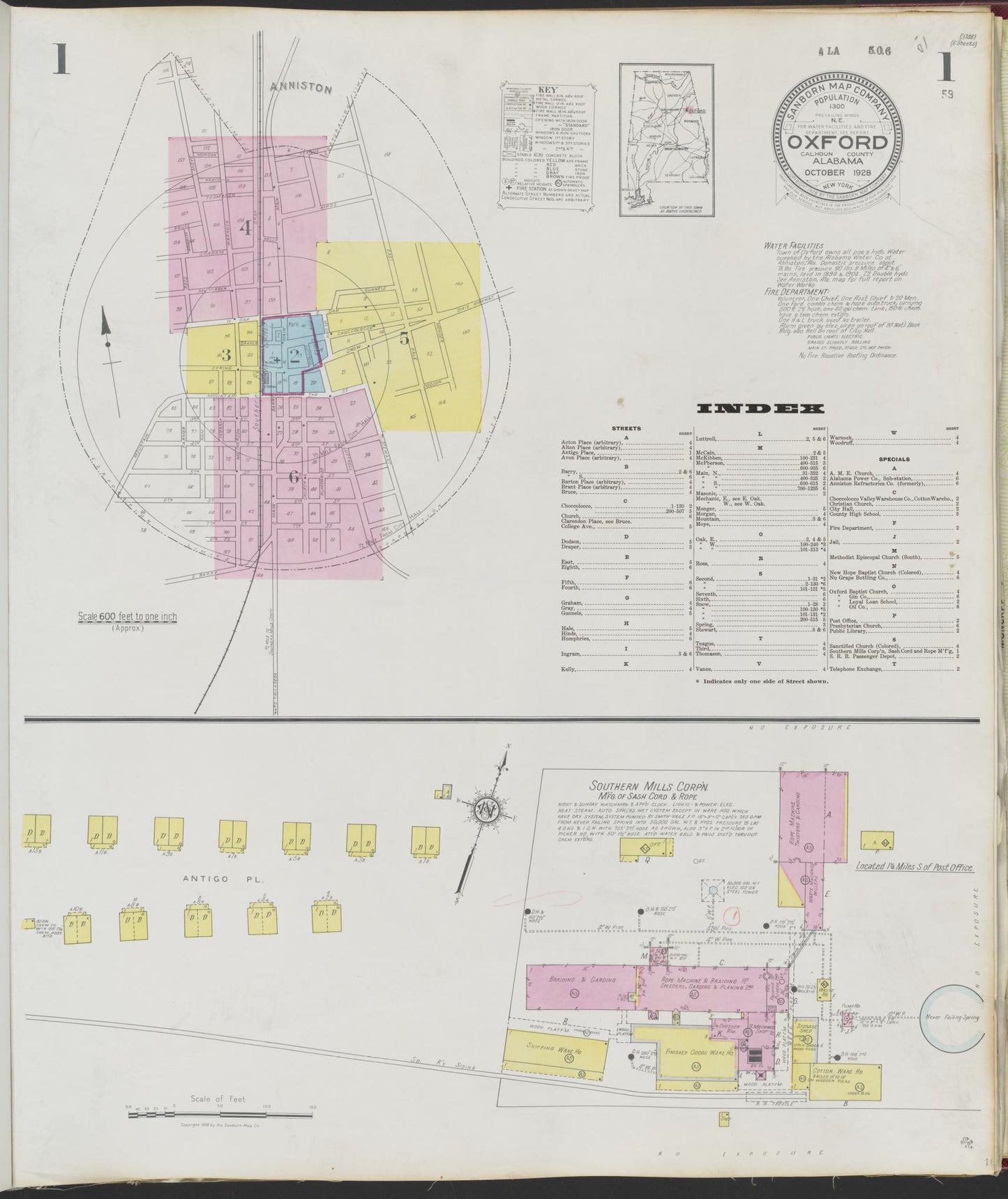Sanborn Fire Insurance Map from Oxford, Calhoun County, Alabama (1928), Sheet #0001 - Historic Sanborn Fire Insurance Map Print, vintage old map wall art, antique decor, genealogy gift, Alabama Alabama map