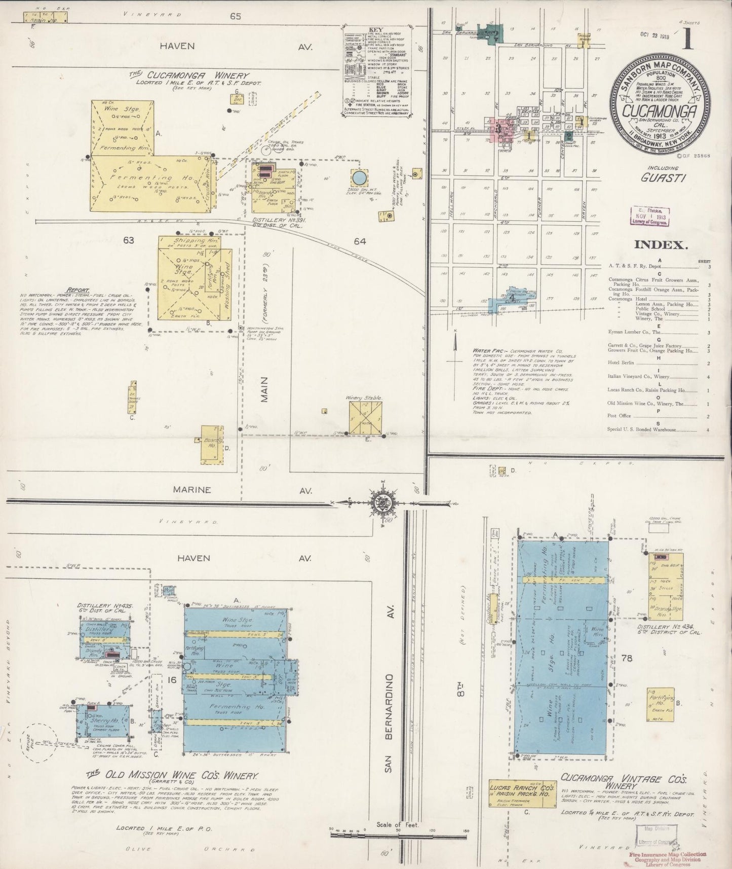 Sanborn Fire Insurance Map from Cucamonga, San Bernardino County, California (1913), Sheet #0001 - Historic Sanborn Fire Insurance Map Print, vintage old map wall art, antique decor, genealogy gift, California California map