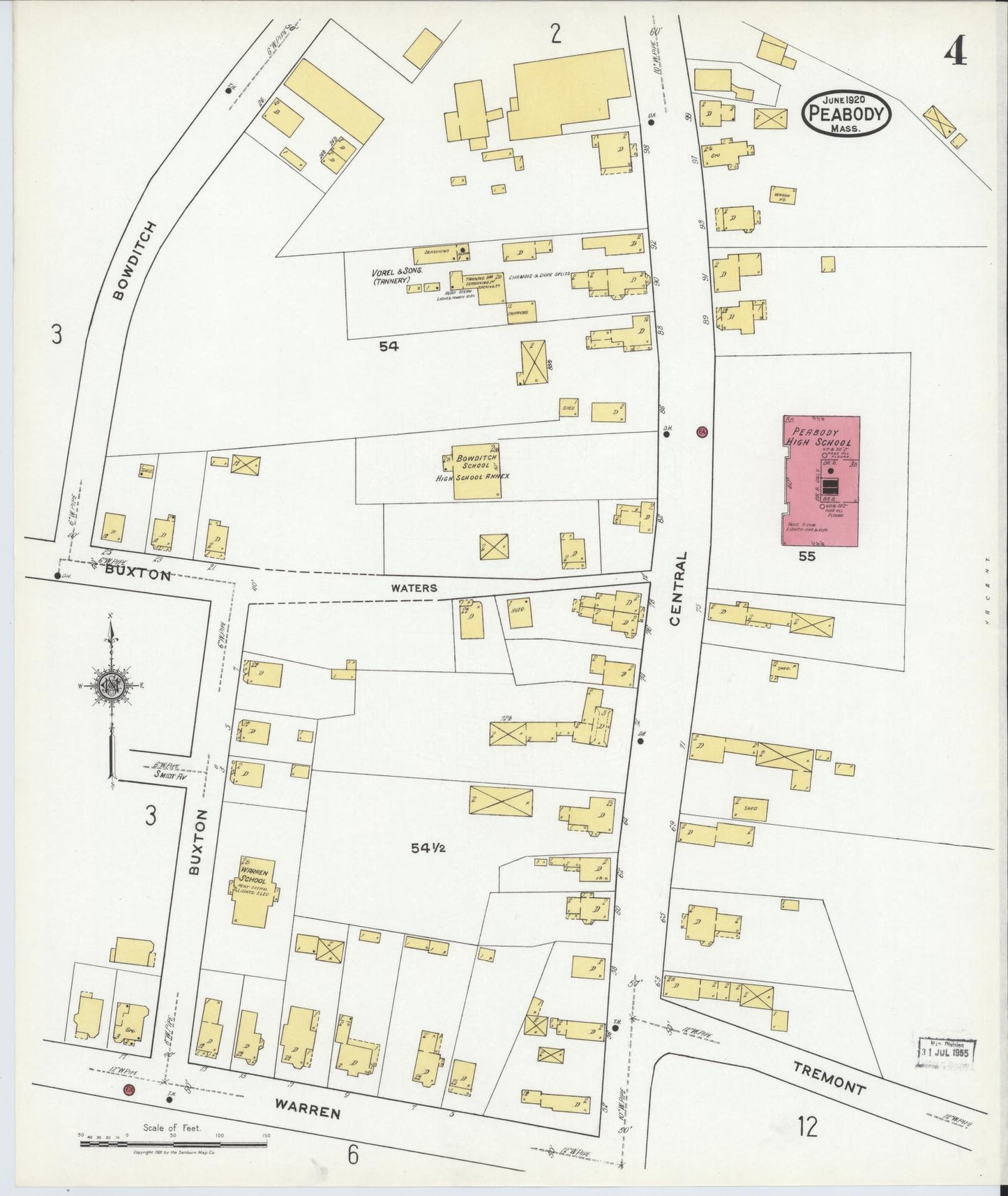 Sanborn Fire Insurance Map from Peabody, Essex County, Massachusetts (1920), Sheet #0004 - Historic Sanborn Fire Insurance Map Print, vintage old map wall art, antique decor, genealogy gift, Massachusetts Massachusetts map