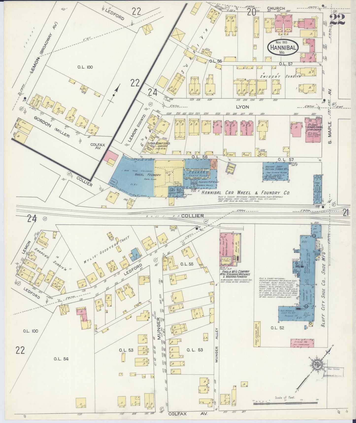 Sanborn Fire Insurance Map from Hannibal, Marion County, Missouri (1913), Sheet #0022 - Historic Sanborn Fire Insurance Map Print, vintage old map wall art, antique decor, genealogy gift, Missouri Missouri map