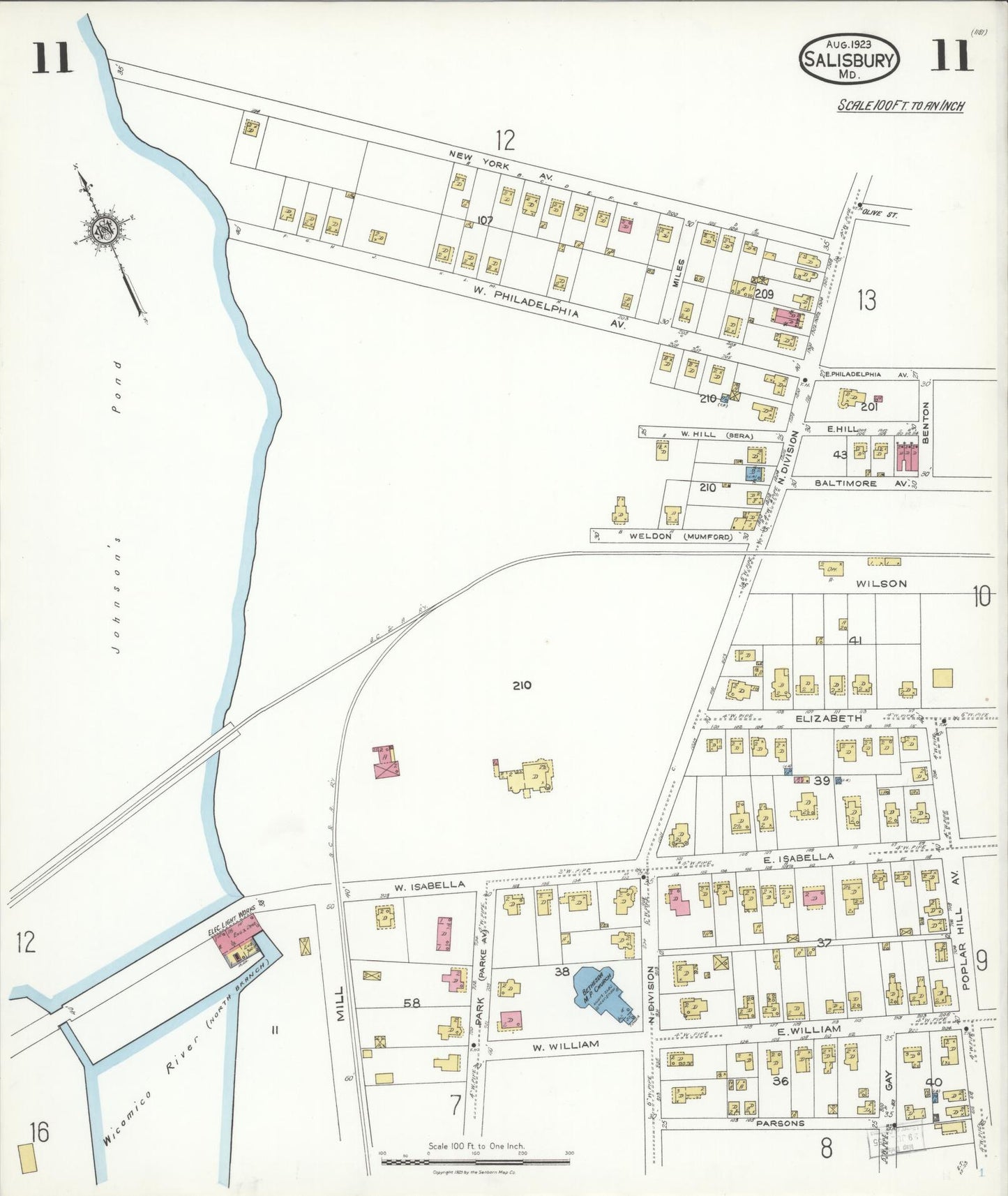 Sanborn Fire Insurance Map from Salisbury, Wicomico County, Maryland (1923), Sheet #0011 - Historic Sanborn Fire Insurance Map Print, vintage old map wall art