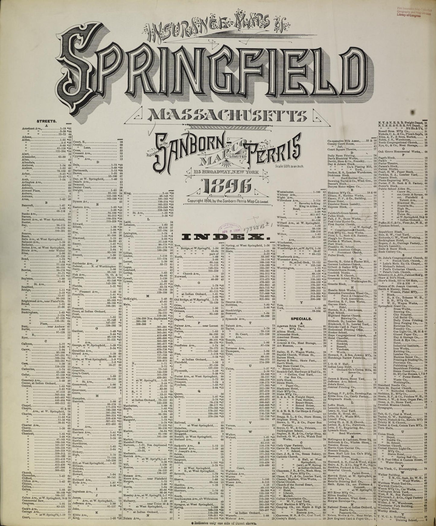 Sanborn Fire Insurance Map from Springfield, Hampden County, Massachusetts (1896), Sheet #0001 - Historic Sanborn Fire Insurance Map Print, vintage old map wall art, antique decor, genealogy gift, Massachusetts Massachusetts map