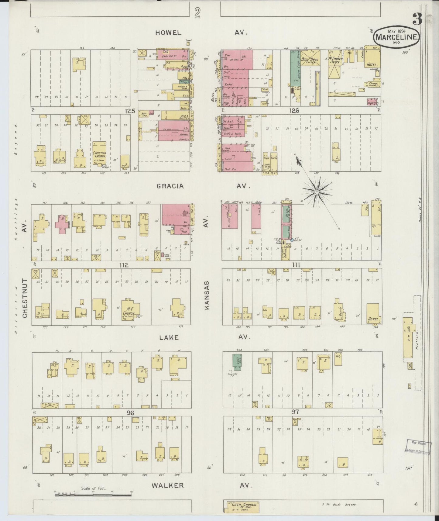 Sanborn Fire Insurance Map from Marceline, Linn County, Missouri (1894), Sheet #0003 - Historic Sanborn Fire Insurance Map Print, vintage old map wall art, antique decor, genealogy gift, Missouri Missouri map