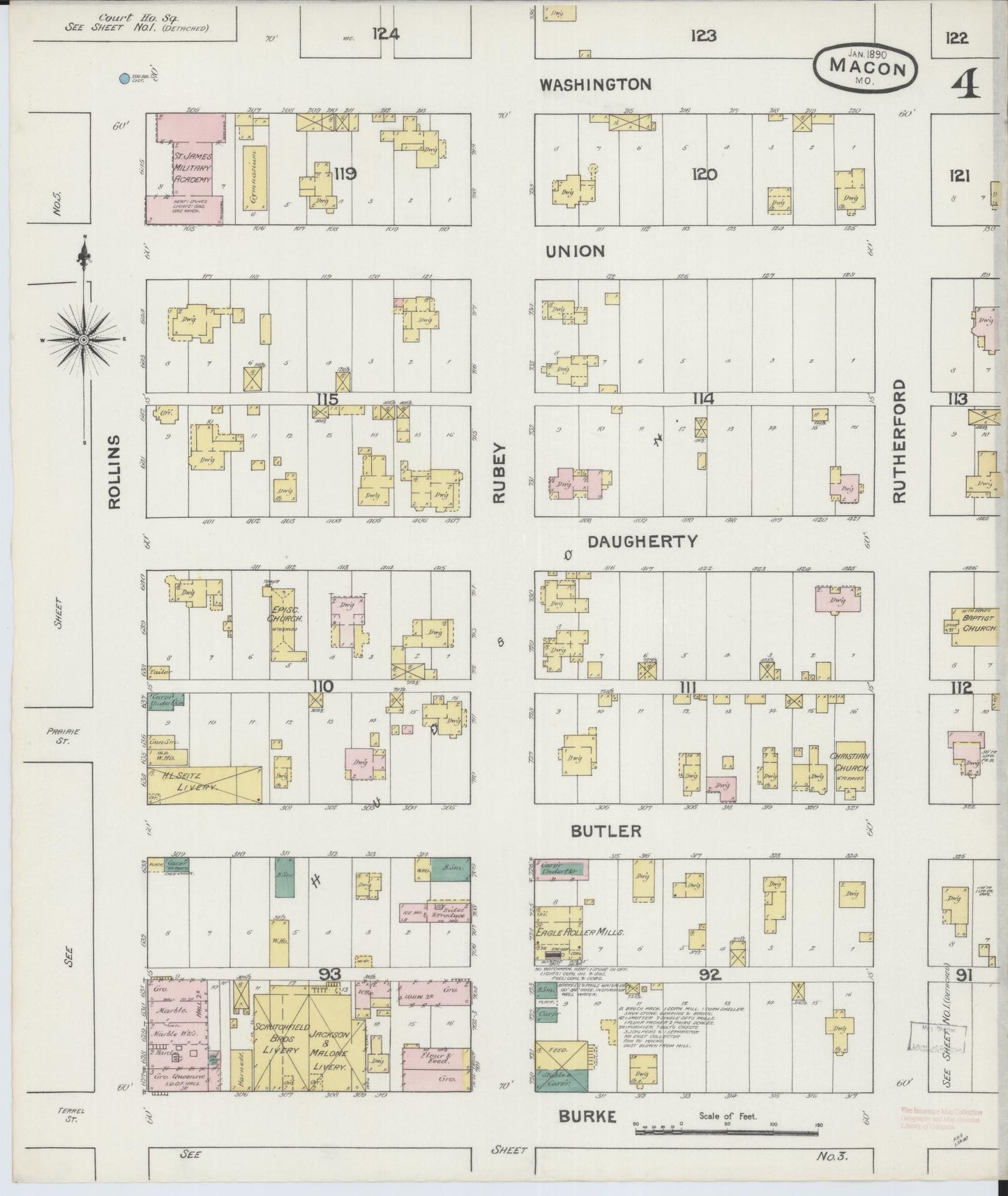 Sanborn Fire Insurance Map from Macon, Macon County, Missouri (1890), Sheet #0004 - Historic Sanborn Fire Insurance Map Print, vintage old map wall art, antique decor, genealogy gift, Missouri Missouri map