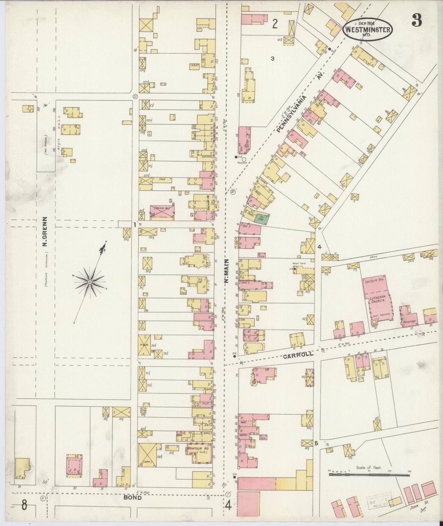 Sanborn Fire Insurance Map from Westminster, Carroll County, Maryland (1904), Sheet #0003 - Historic Sanborn Fire Insurance Map Print, vintage old map wall art, antique decor, genealogy gift, Maryland Maryland map