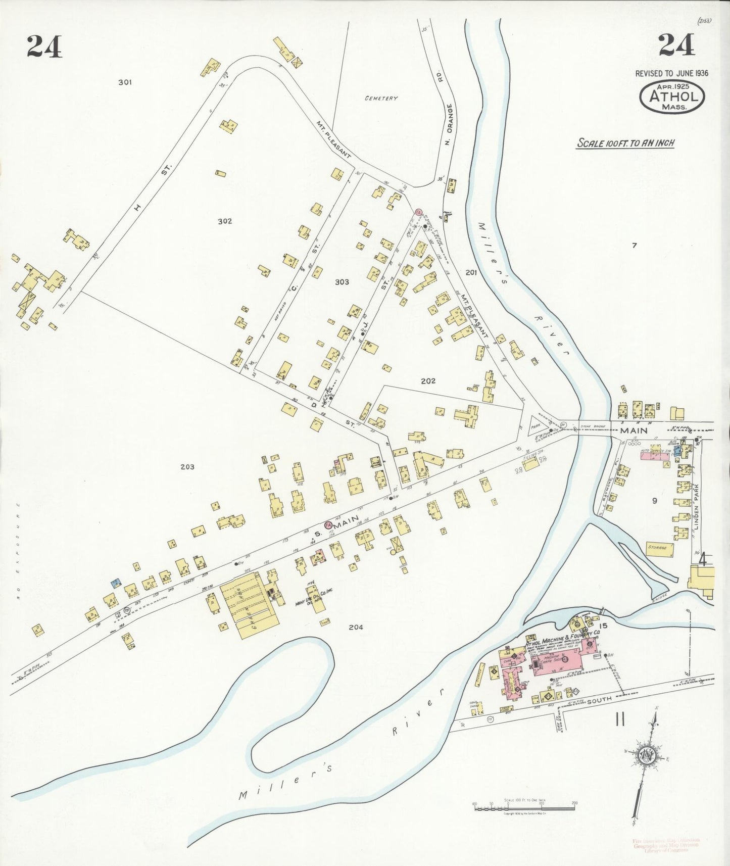 Sanborn Fire Insurance Map from Athol, Worcester County, Massachusetts (1936), Sheet #0024 - Historic Sanborn Fire Insurance Map Print, vintage old map wall art, antique decor, genealogy gift, Massachusetts Massachusetts map