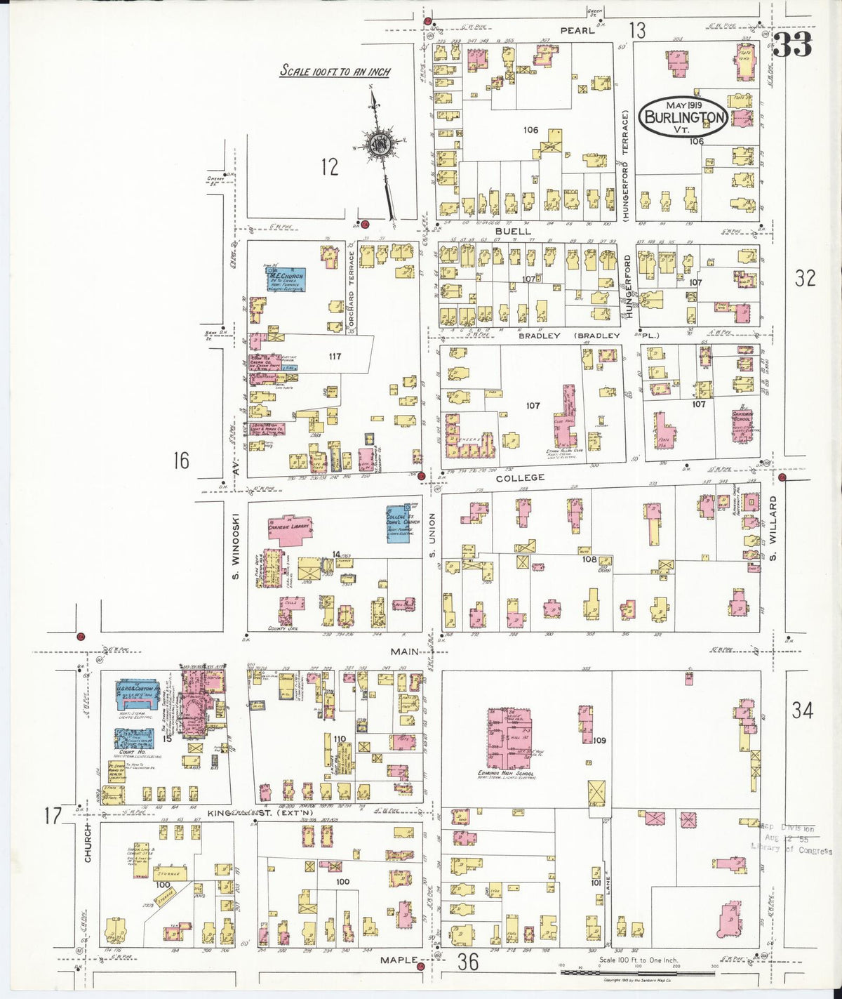 Sanborn Fire Insurance Map from Burlington, Chittenden County, Vermont (1919), Sheet #0033 - Historic Sanborn Fire Insurance Map Print, vintage old map wall art, antique decor, genealogy gift, Vermont Vermont map