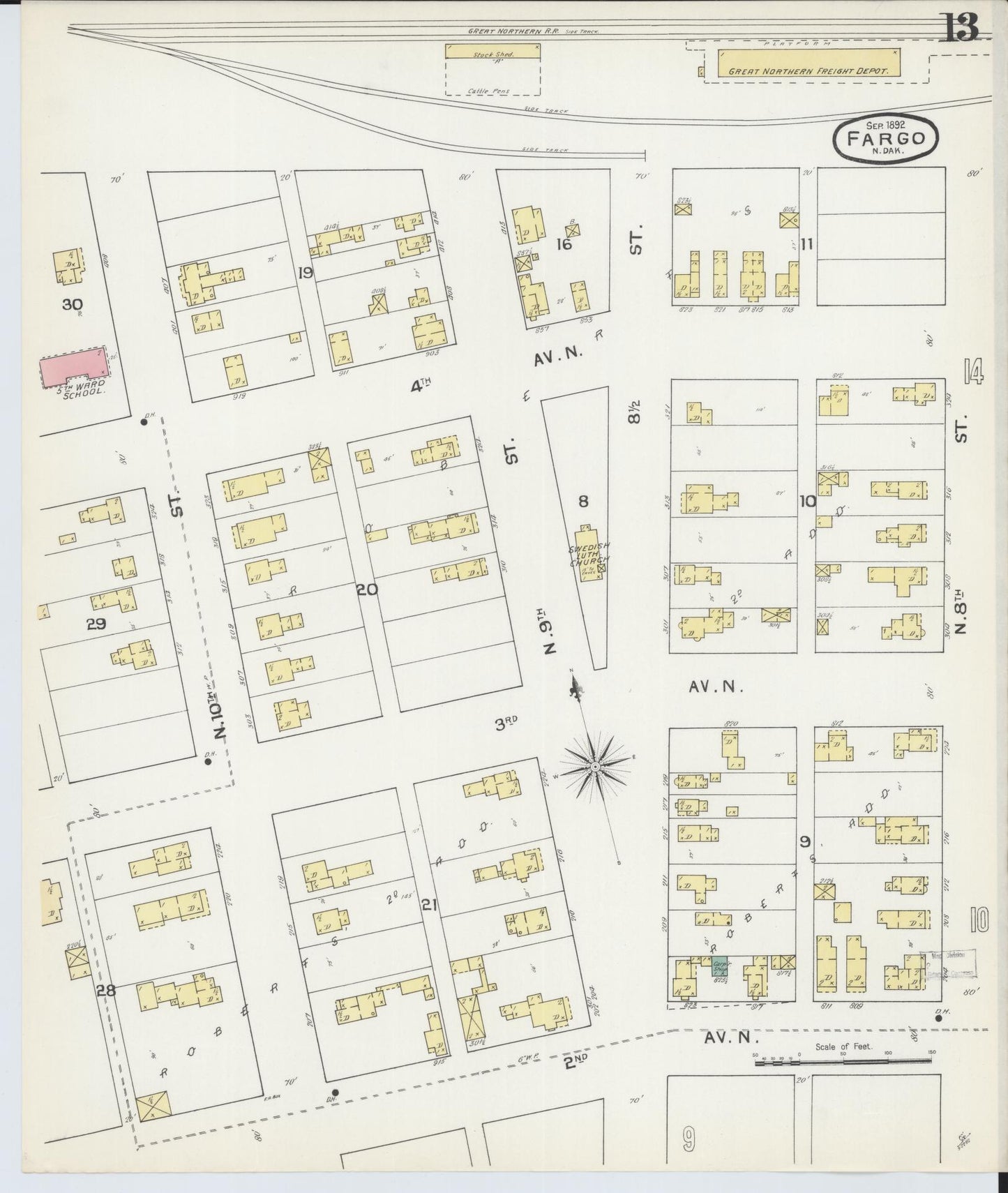 Sanborn Fire Insurance Map from Fargo, Cass County, North Dakota (1892), Sheet #0013 - Historic Sanborn Fire Insurance Map Print, vintage old map wall art, antique decor, genealogy gift, North Dakota North Dakota map