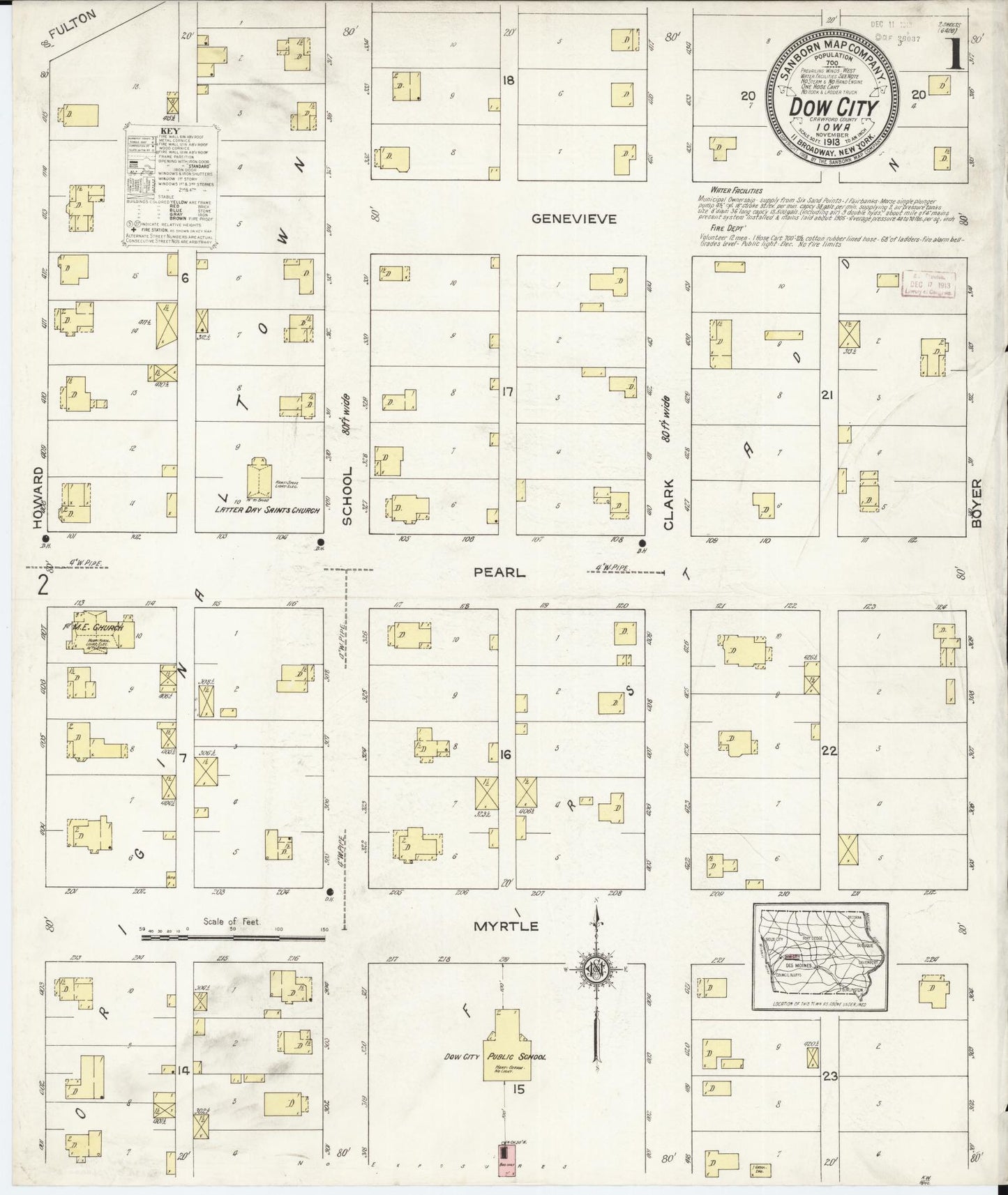 Sanborn Fire Insurance Map from Dow City, Crawford County, Iowa (1913), Sheet #0001 - Historic Sanborn Fire Insurance Map Print, vintage old map wall art