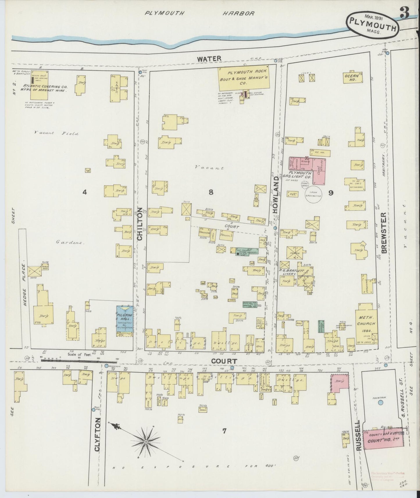 Sanborn Fire Insurance Map from Plymouth, Plymouth County, Massachusetts (1891), Sheet #0003 - Historic Sanborn Fire Insurance Map Print, vintage old map wall art, antique decor, genealogy gift, Massachusetts Massachusetts map