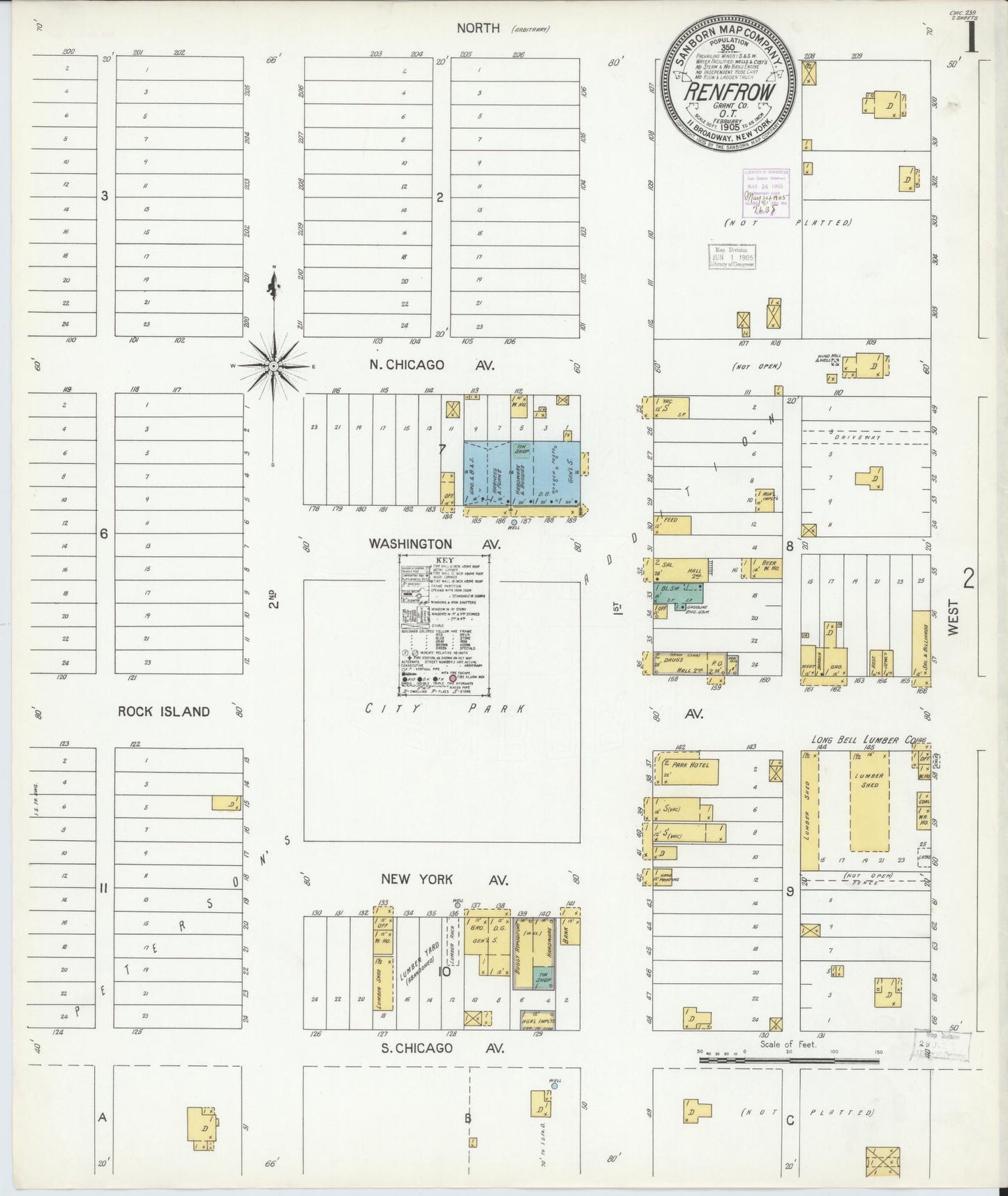 Sanborn Fire Insurance Map from Renfrow, Grant County, Oklahoma (1905), Sheet #0001 - Historic Sanborn Fire Insurance Map Print, vintage old map wall art, antique decor, genealogy gift, Oklahoma Oklahoma map