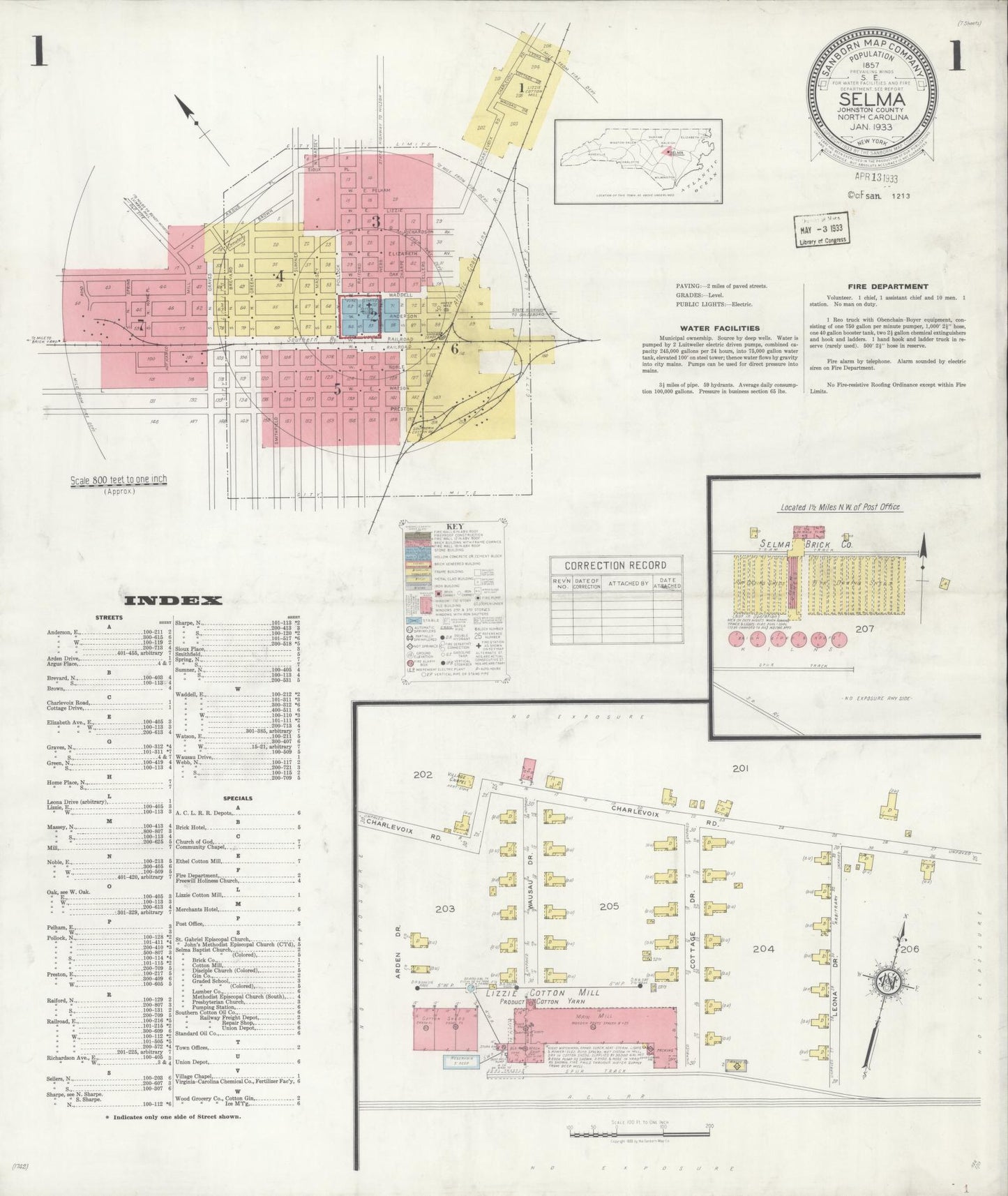 Sanborn Fire Insurance Map from Selma, Johnston County, North Carolina (1933), Sheet #0001 - Historic Sanborn Fire Insurance Map Print, vintage old map wall art, antique decor, genealogy gift, North Carolina North Carolina map