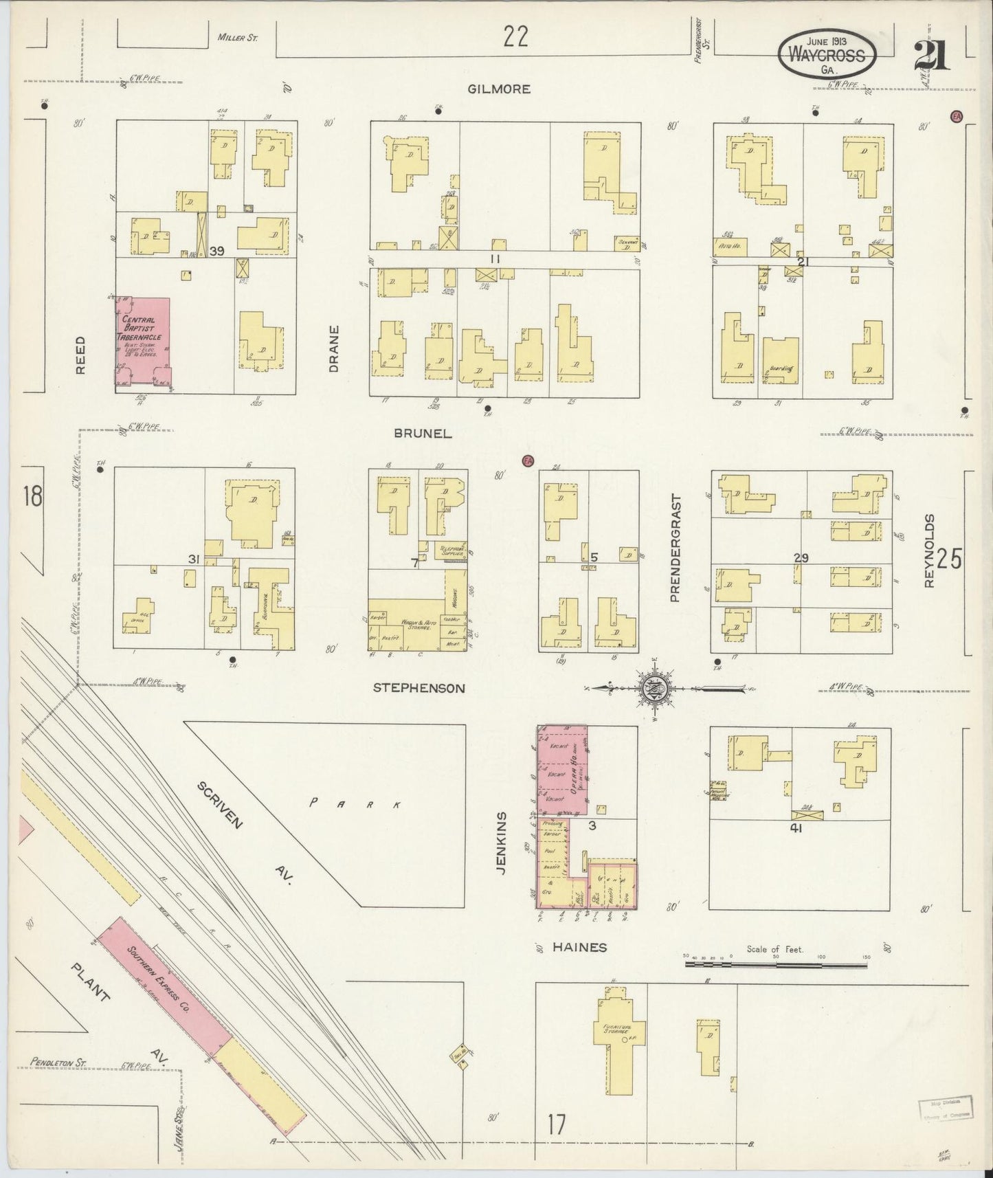 Sanborn Fire Insurance Map from Waycross, Ware County, Georgia (1913), Sheet #0021 - Historic Sanborn Fire Insurance Map Print, vintage old map wall art, antique decor, genealogy gift, Georgia Georgia map