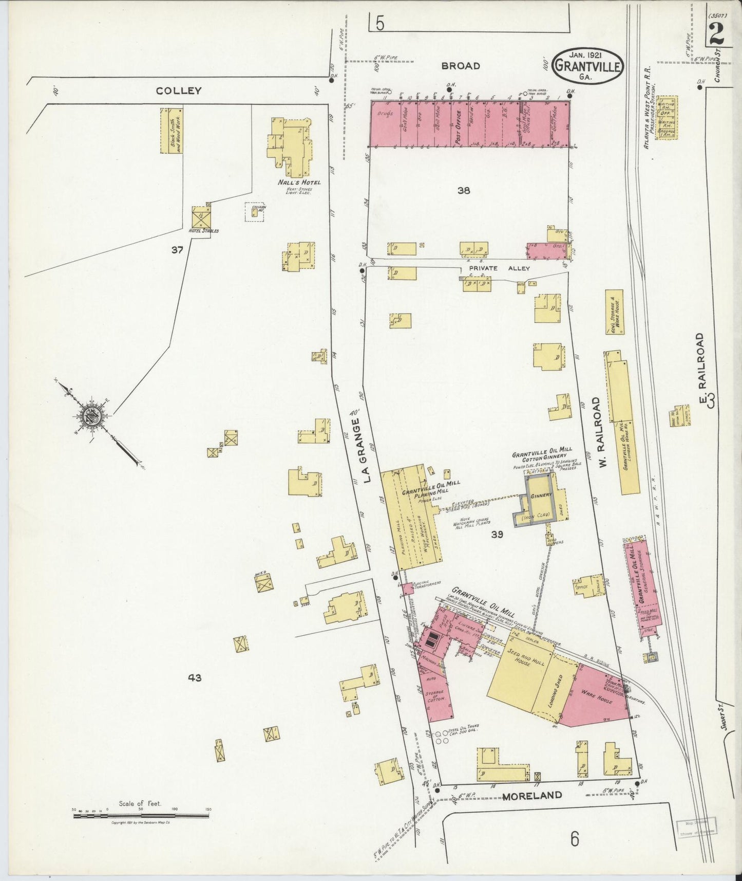 Sanborn Fire Insurance Map from Grantville, Coweta County, Georgia (1921), Sheet #0002 - Historic Sanborn Fire Insurance Map Print, vintage old map wall art, antique decor, genealogy gift, Georgia Georgia map
