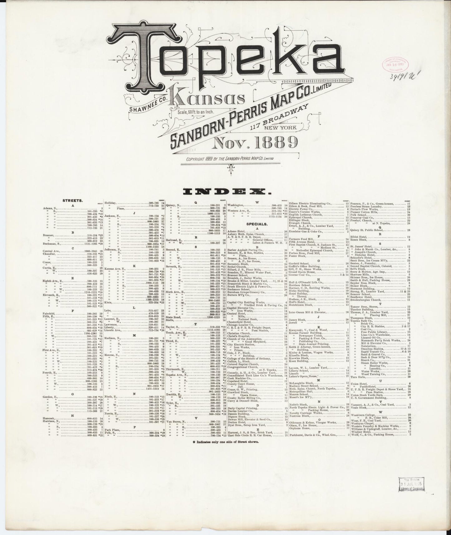 Sanborn Fire Insurance Map from Topeka, Shawnee County, Kansas (1889), Sheet #0001 - Historic Sanborn Fire Insurance Map Print, vintage old map wall art, antique decor, genealogy gift, Kansas Kansas map