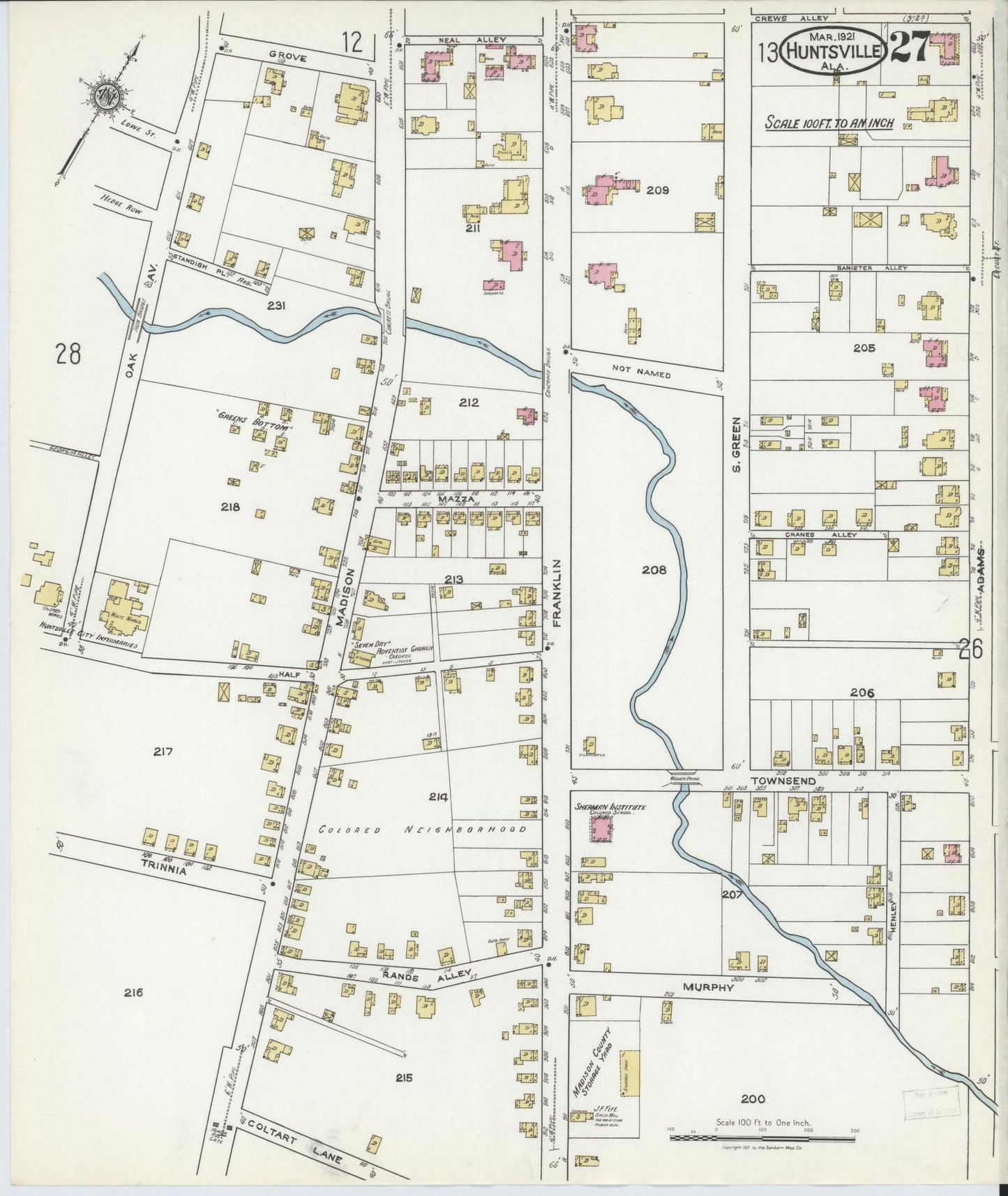 Sanborn Fire Insurance Map from Huntsville, Madison County, Alabama (1921), Sheet #0027 - Historic Sanborn Fire Insurance Map Print, vintage old map wall art, antique decor, genealogy gift, Alabama Alabama map