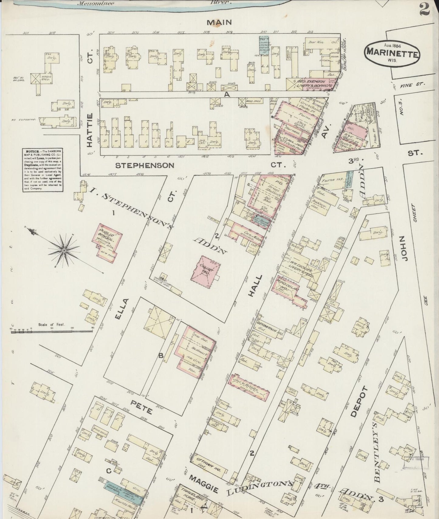 Sanborn Fire Insurance Map from Marinette, Marinette County, Wisconsin (1884), Sheet #0002 - Historic Sanborn Fire Insurance Map Print, vintage old map wall art, antique decor, genealogy gift, Wisconsin Wisconsin map