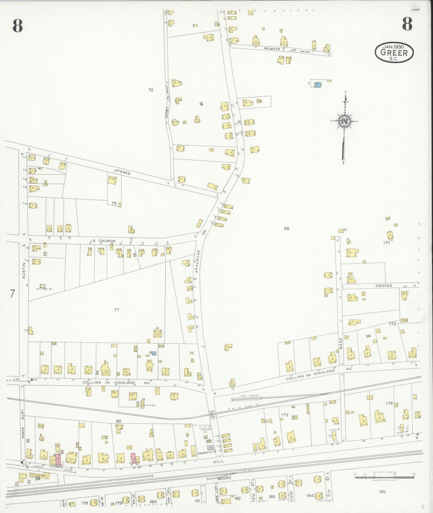 Sanborn Fire Insurance Map from Greer, Greenville and Spartanburg Counties, South Carolina (1930), Sheet #0008 - Historic Sanborn Fire Insurance Map Print, vintage old map wall art, antique decor, genealogy gift, South Carolina South Carolina map