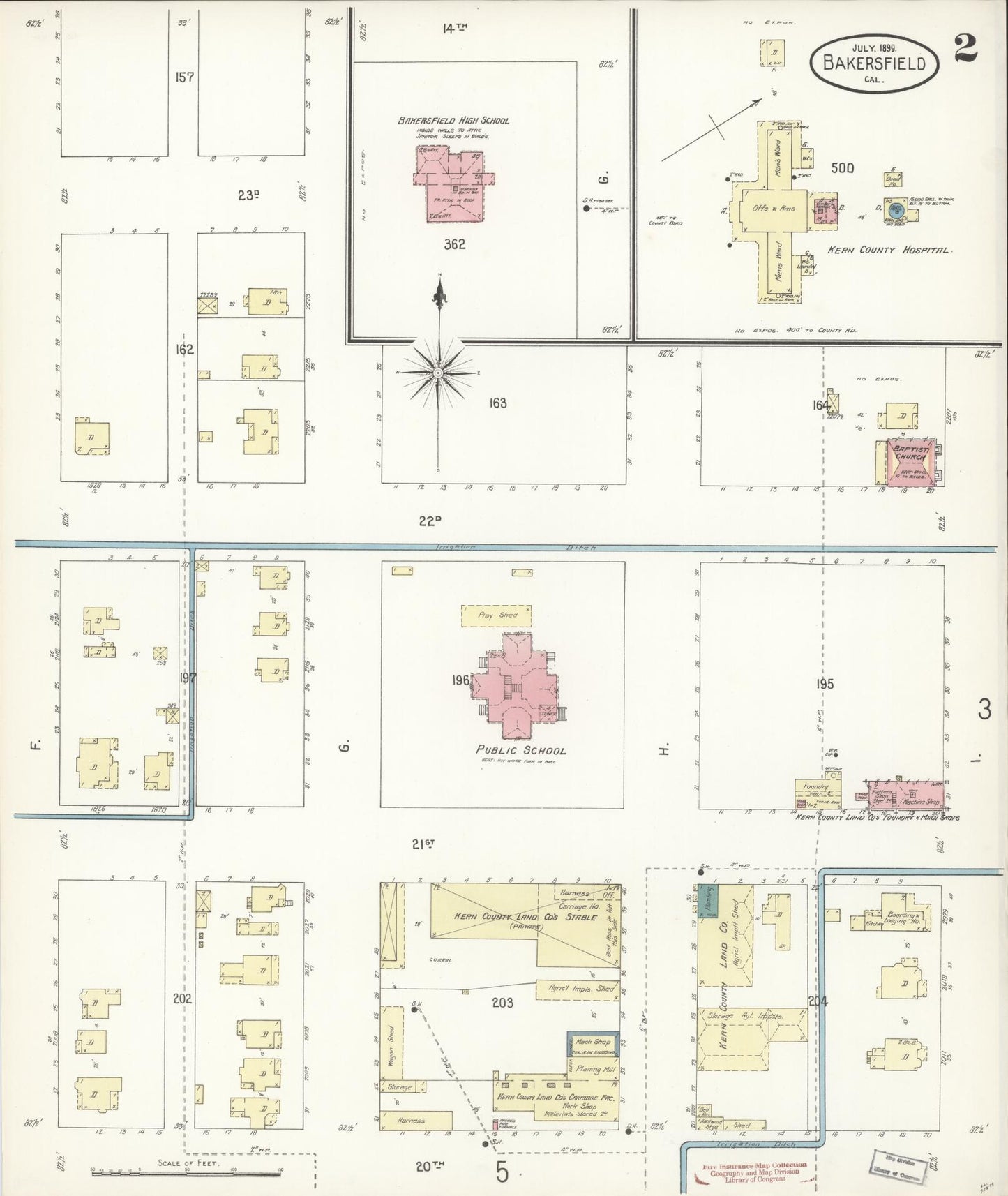 Sanborn Fire Insurance Map from Bakersfield, Kern County, California (1899), Sheet #0002 - Historic Sanborn Fire Insurance Map Print, vintage old map wall art, antique decor, genealogy gift, California California map