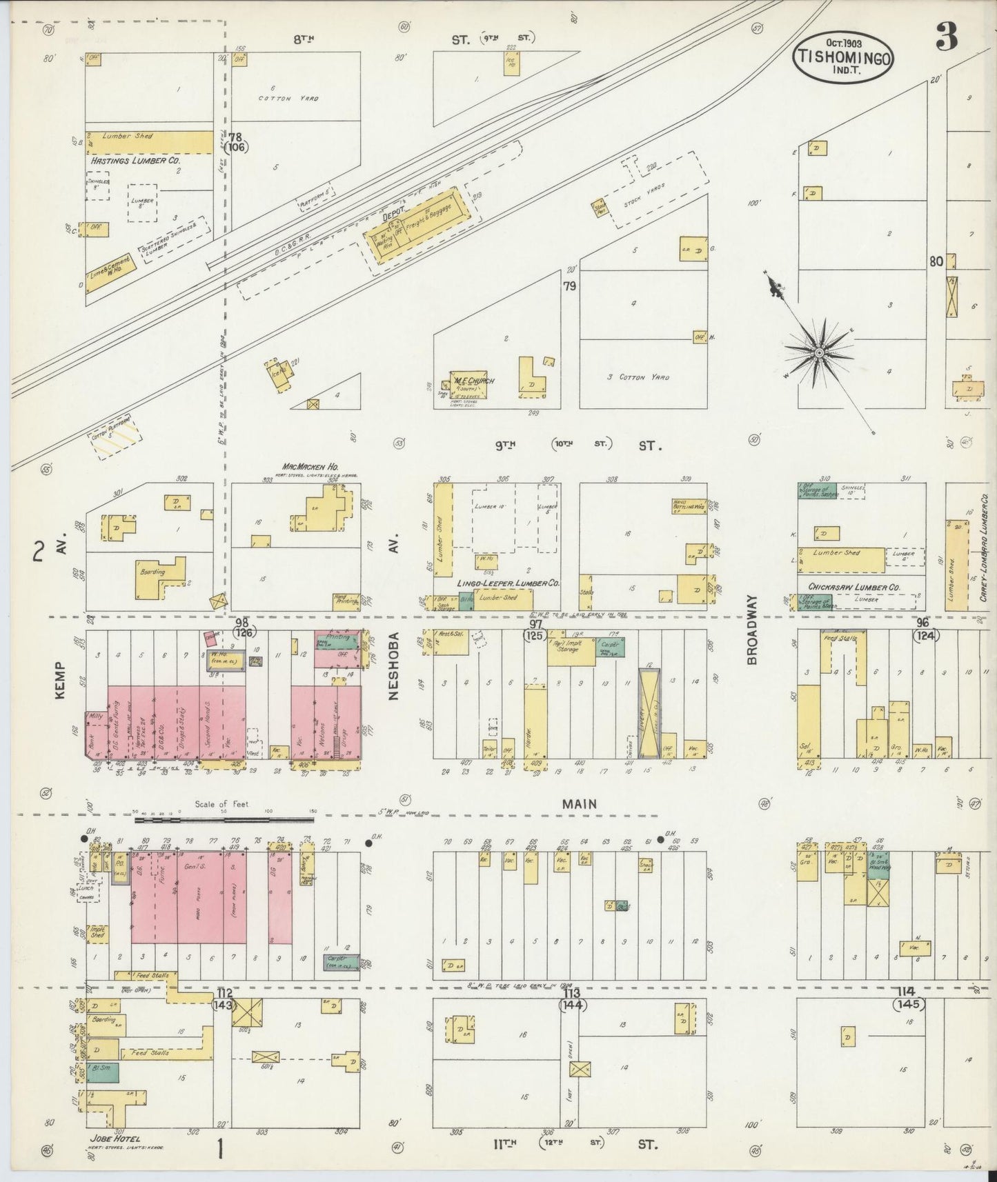 Sanborn Fire Insurance Map from Tishomingo, Johnston County, Oklahoma (1903), Sheet #0003 - Historic Sanborn Fire Insurance Map Print, vintage old map wall art, antique decor, genealogy gift, Oklahoma Oklahoma map