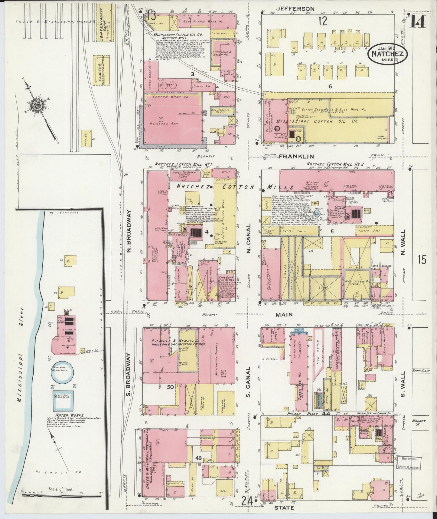 Sanborn Fire Insurance Map from Natchez, Adams County, Mississippi (1910), Sheet #0014 - Historic Sanborn Fire Insurance Map Print, vintage old map wall art, antique decor, genealogy gift, Mississippi Mississippi map