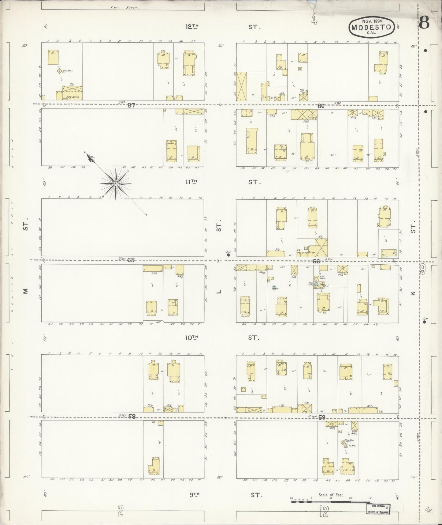Sanborn Fire Insurance Map from Modesto, Stanislaus County, California (1894), Sheet #0008 - Historic Sanborn Fire Insurance Map Print, vintage old map wall art, antique decor, genealogy gift, California California map