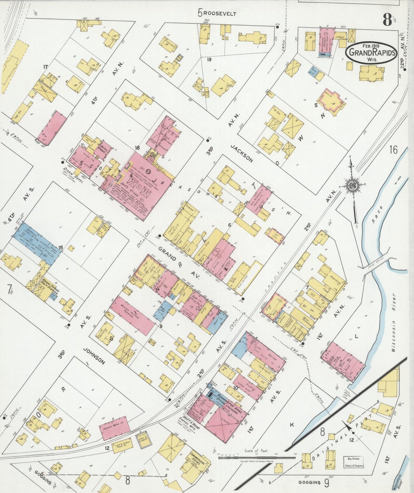 Sanborn Fire Insurance Map from Grand Rapids, Wood County, Wisconsin (1919), Sheet #0008 - Historic Sanborn Fire Insurance Map Print, vintage old map wall art, antique decor, genealogy gift, Wisconsin Wisconsin map