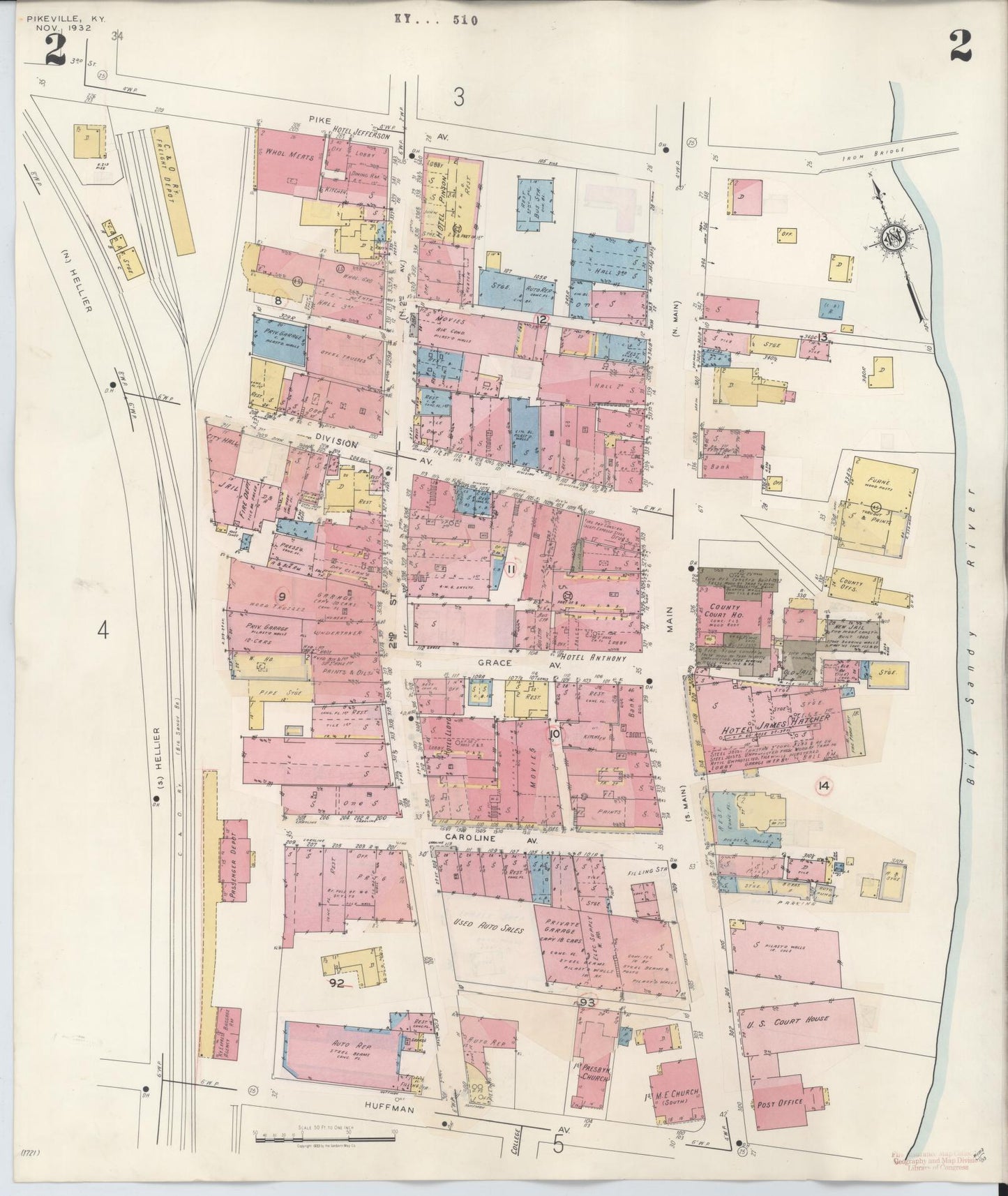 Sanborn Fire Insurance Map from Pikeville, Pike County, Kentucky (1949), Sheet #0002 - Historic Sanborn Fire Insurance Map Print, vintage old map wall art, antique decor, genealogy gift, Kentucky Kentucky map