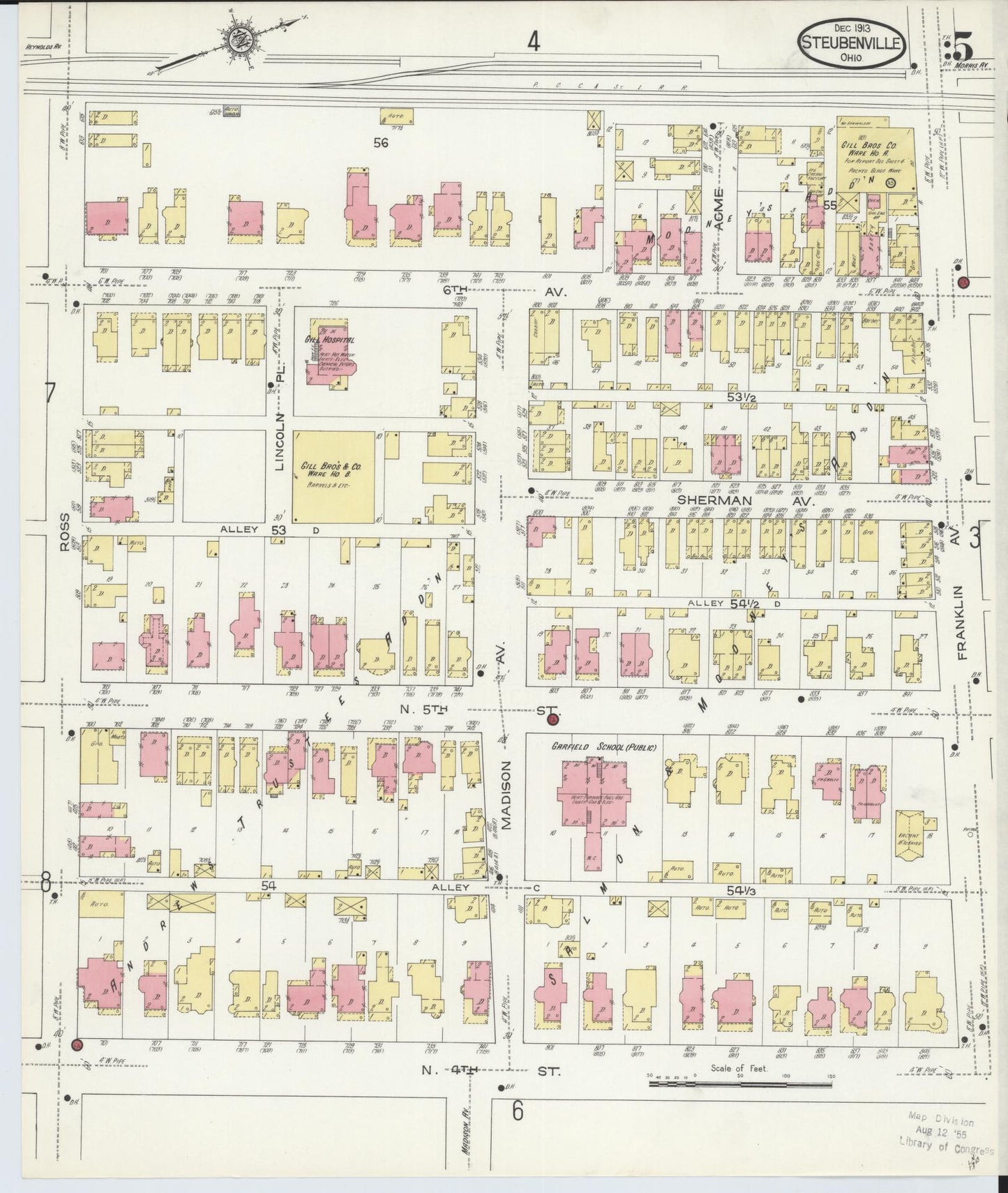 Sanborn Fire Insurance Map from Steubenville, Jefferson County, Ohio (1913), Sheet #0005 - Historic Sanborn Fire Insurance Map Print, vintage old map wall art, antique decor, genealogy gift, Ohio Ohio map