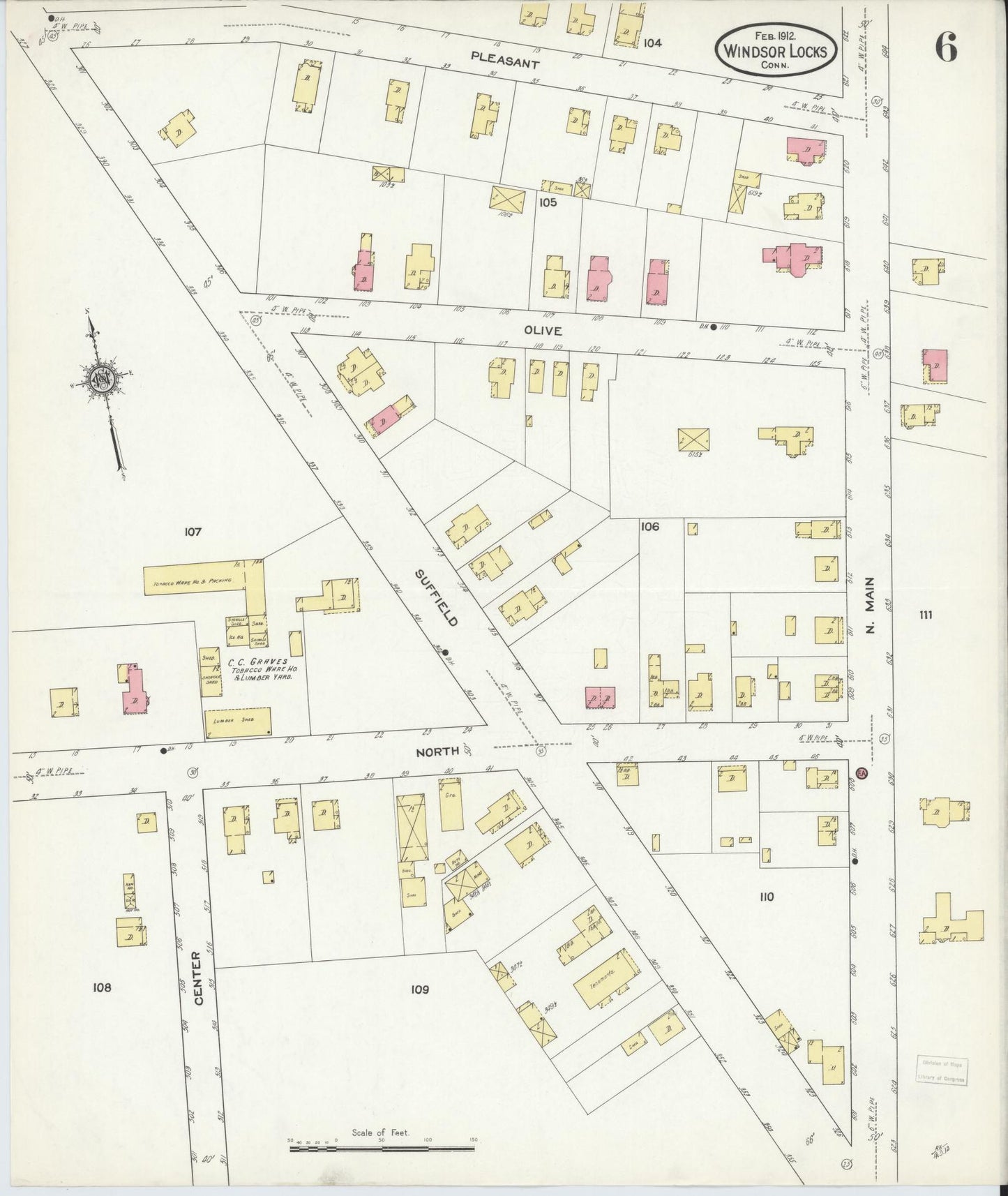 Sanborn Fire Insurance Map from Windsor Locks, Hartford County, Connecticut (1912), Sheet #0006 - Historic Sanborn Fire Insurance Map Print, vintage old map wall art, antique decor, genealogy gift, Connecticut Connecticut map