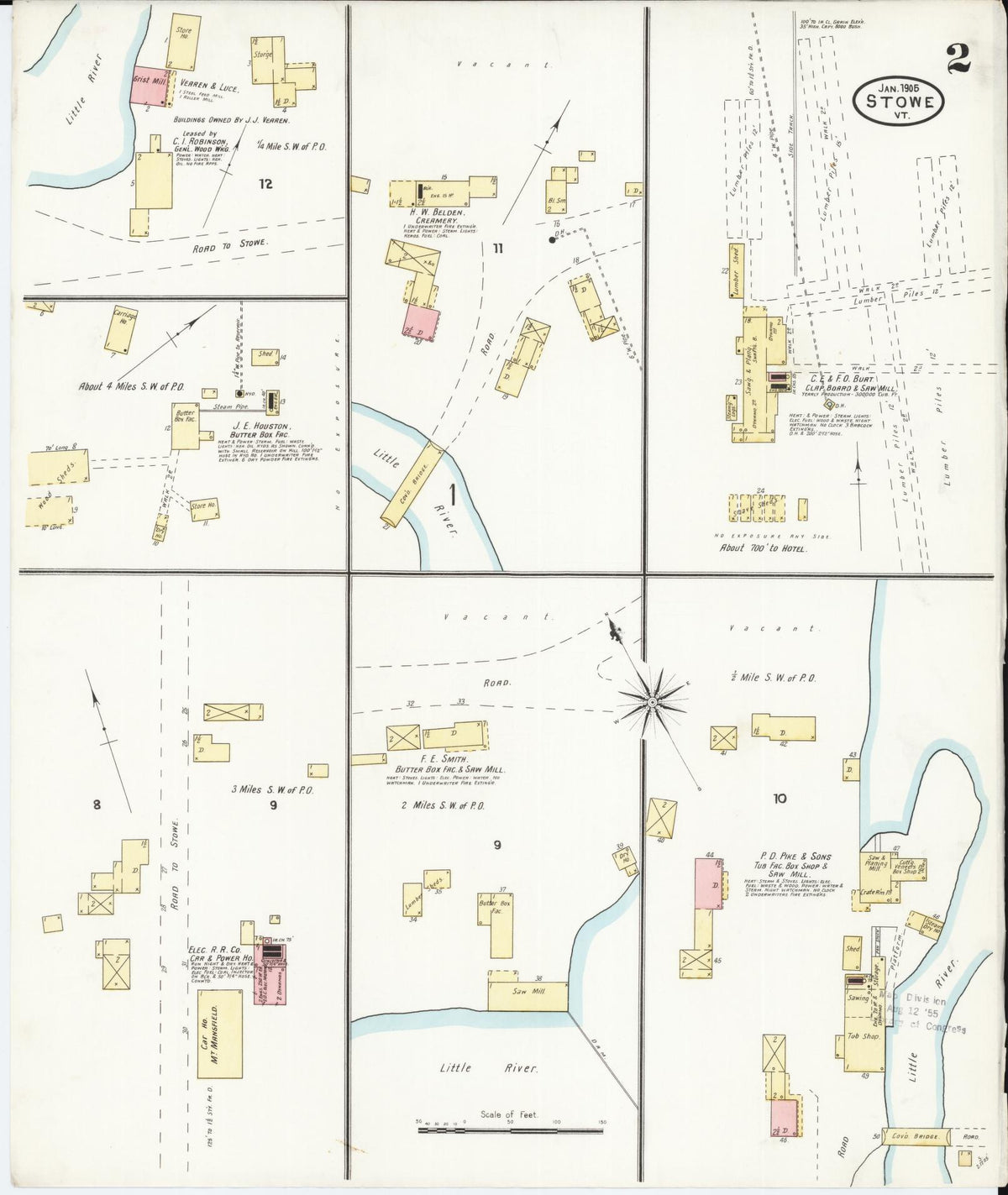 Sanborn Fire Insurance Map from Stowe, Lamoille County, Vermont (1905), Sheet #0002 - Complete Map Set gallery image, historic Sanborn map, vintage wall art, Vermont Vermont