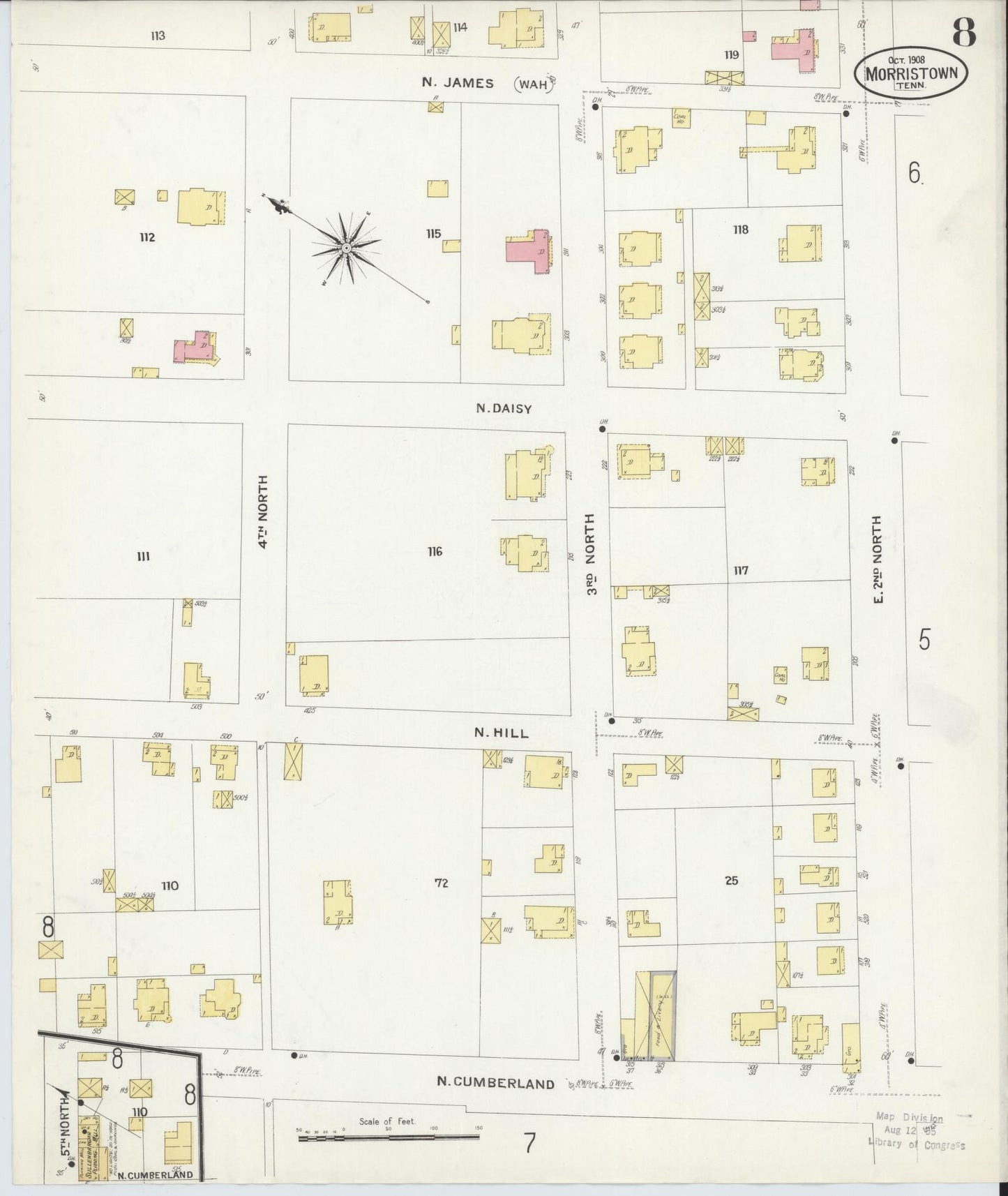 Sanborn Fire Insurance Map from Morristown, Hamblen County, Tennessee (1908), Sheet #0008 - Complete Map Set gallery image, historic Sanborn map, vintage wall art, Tennessee Tennessee