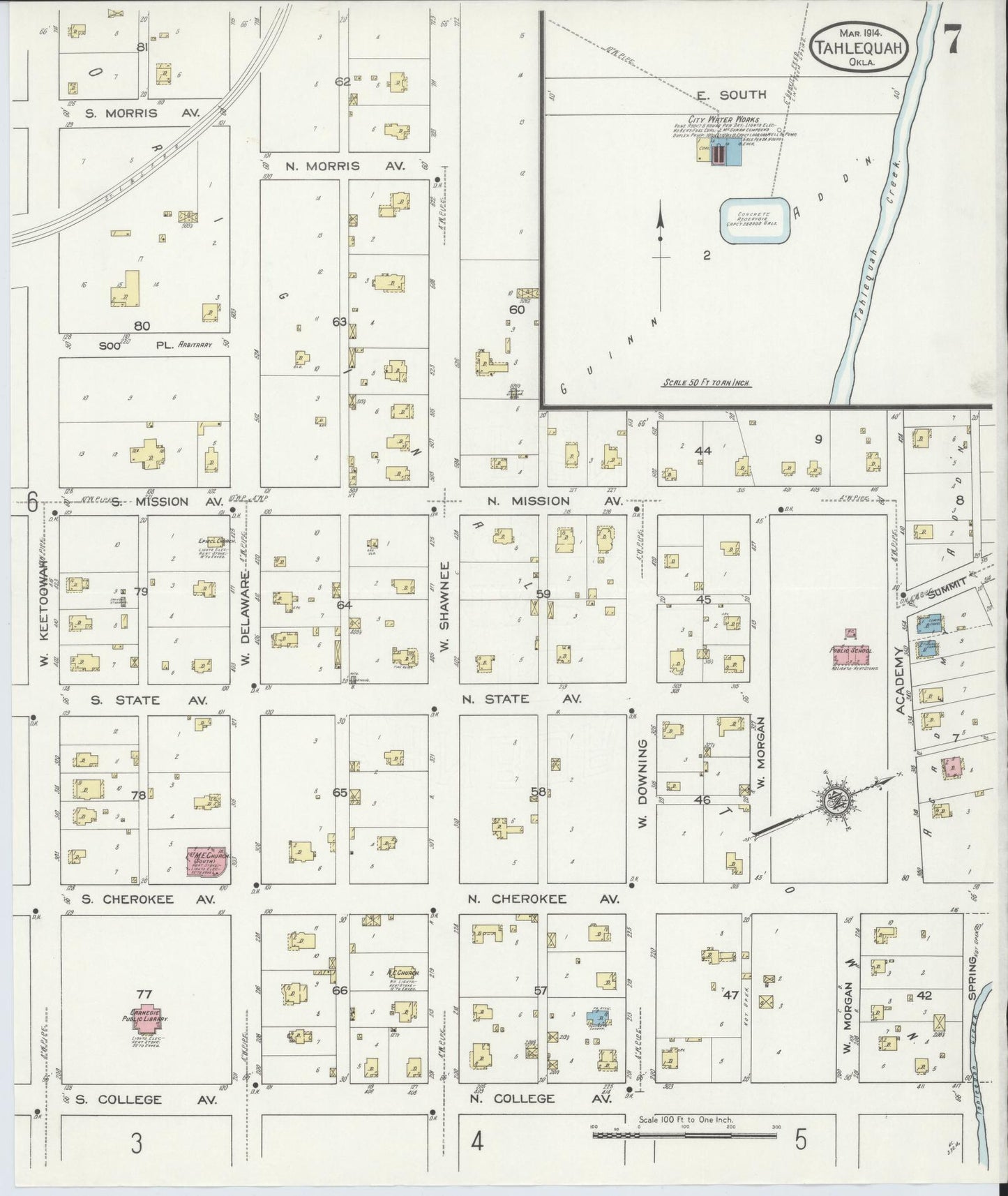 Sanborn Fire Insurance Map from Tahlequah, Cherokee County, Oklahoma (1914), Sheet #0007 - Complete Map Set gallery image, historic Sanborn map, vintage wall art, Oklahoma Oklahoma