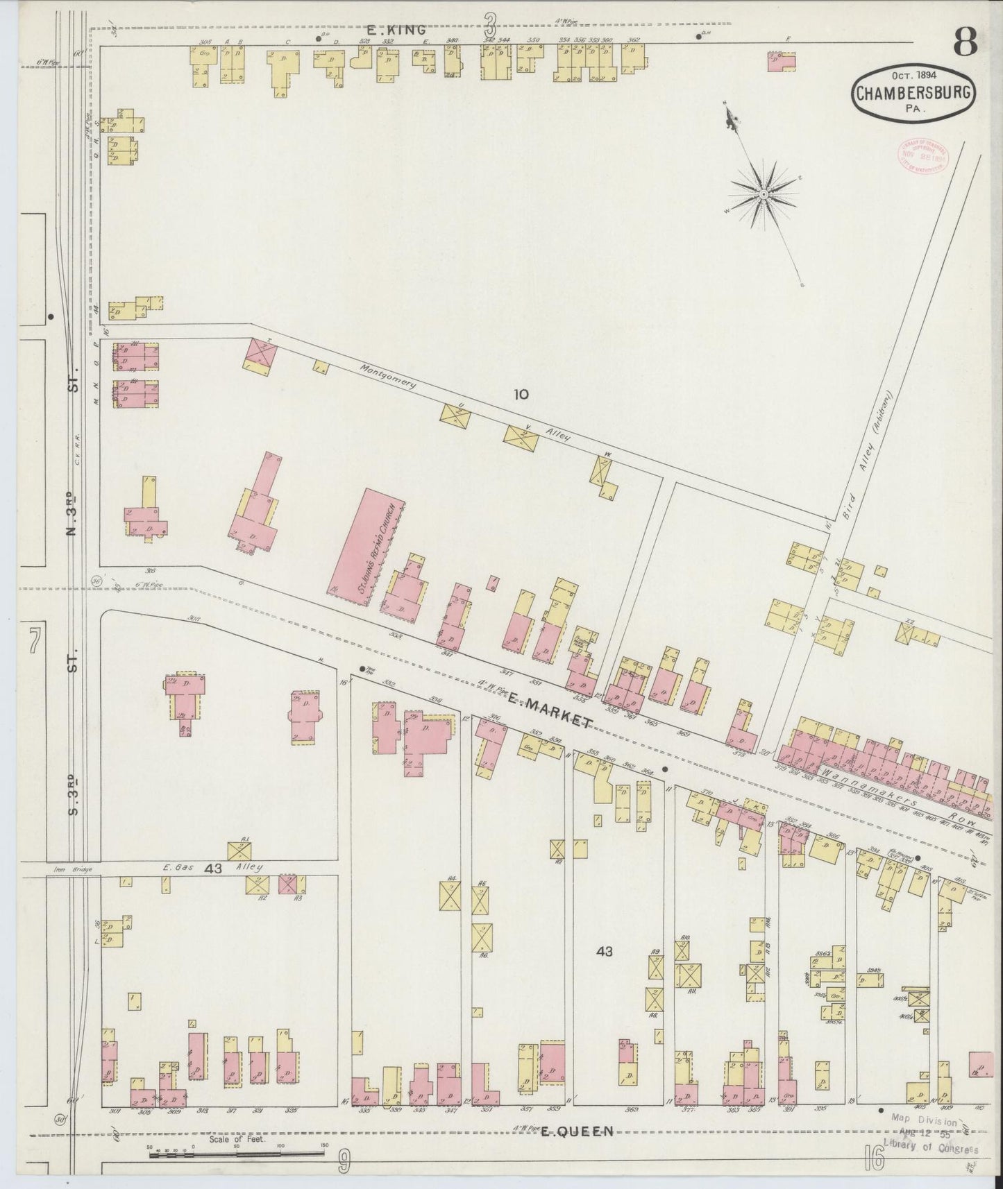 Sanborn Fire Insurance Map from Chambersburg, Franklin County, Pennsylvania (1894), Sheet #0008 - Historic Sanborn Fire Insurance Map Print, vintage old map wall art, antique decor, genealogy gift, Pennsylvania Pennsylvania map