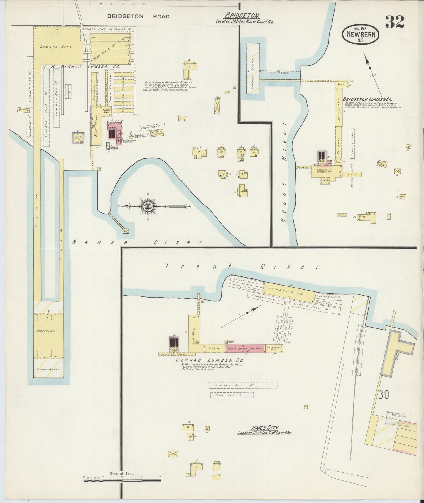 Sanborn Fire Insurance Map from New Bern, Craven County, North Carolina (1913), Sheet #0032 - Historic Sanborn Fire Insurance Map Print, vintage old map wall art, antique decor, genealogy gift, North Carolina North Carolina map